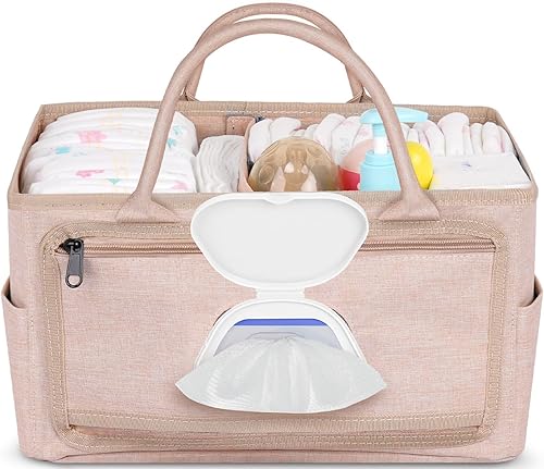Baby Diaper Caddy Organizer with Wipes Pocket, Car Caddy, Portable Storage Basket for Diaper Chaning Station, Gift for Newborn Baby Essentials