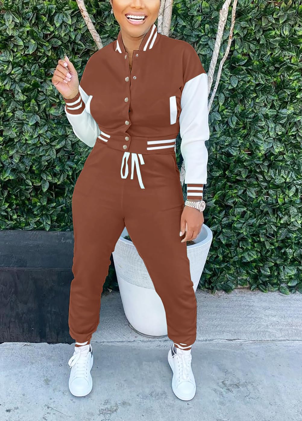 Fooullaide Women's Varsity Jacket Sweatsuit 2 Piece Tracksuit Crop Top Button Down Letterman Jackets Pants Sets - Image 4