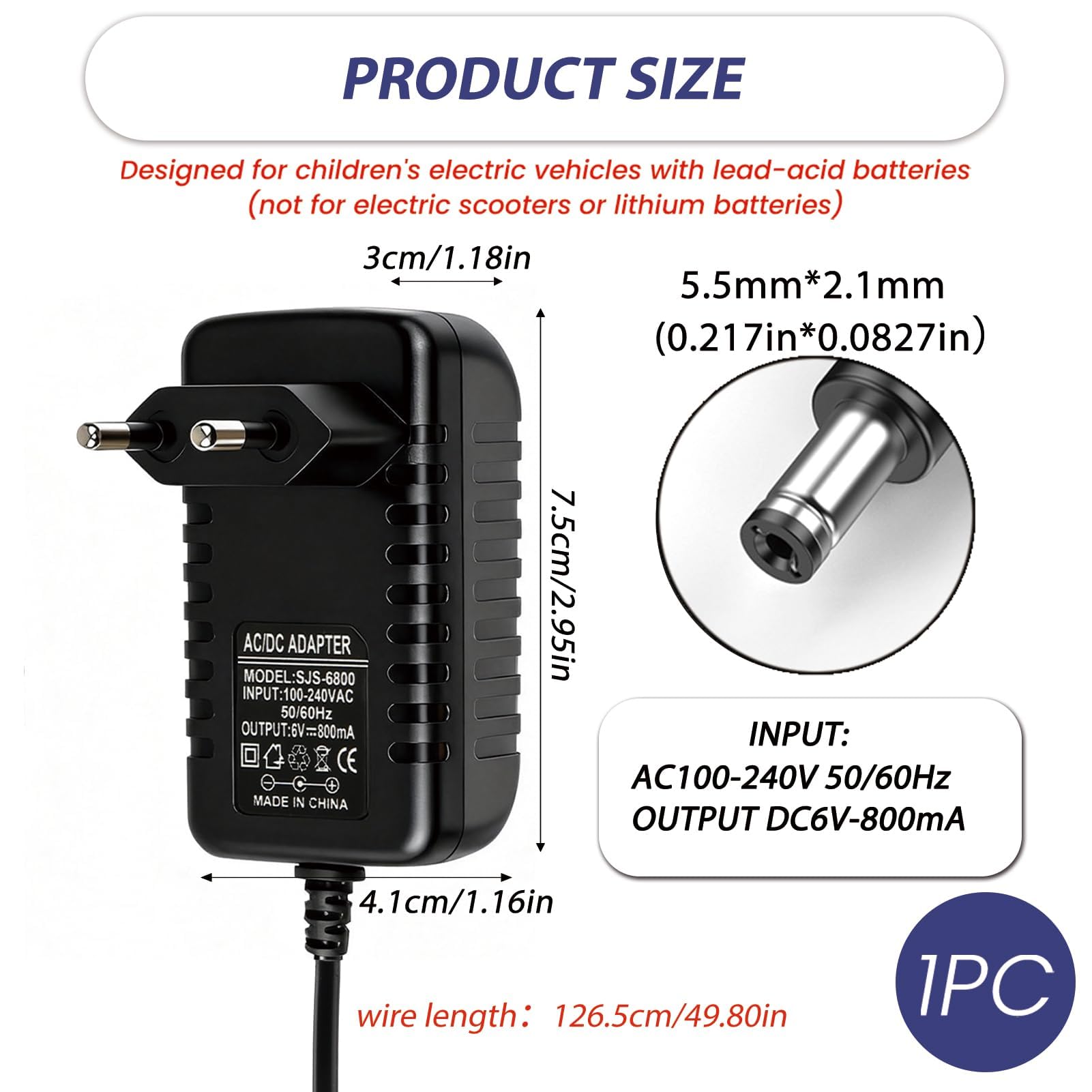 Cargador 6V 800mA para Coche Eléctrico, Adaptador Universal con Indicador LED, Compatible con Moto, Quad 6 Voltios, Conector 5.5mm x 2.1mm (Negro)