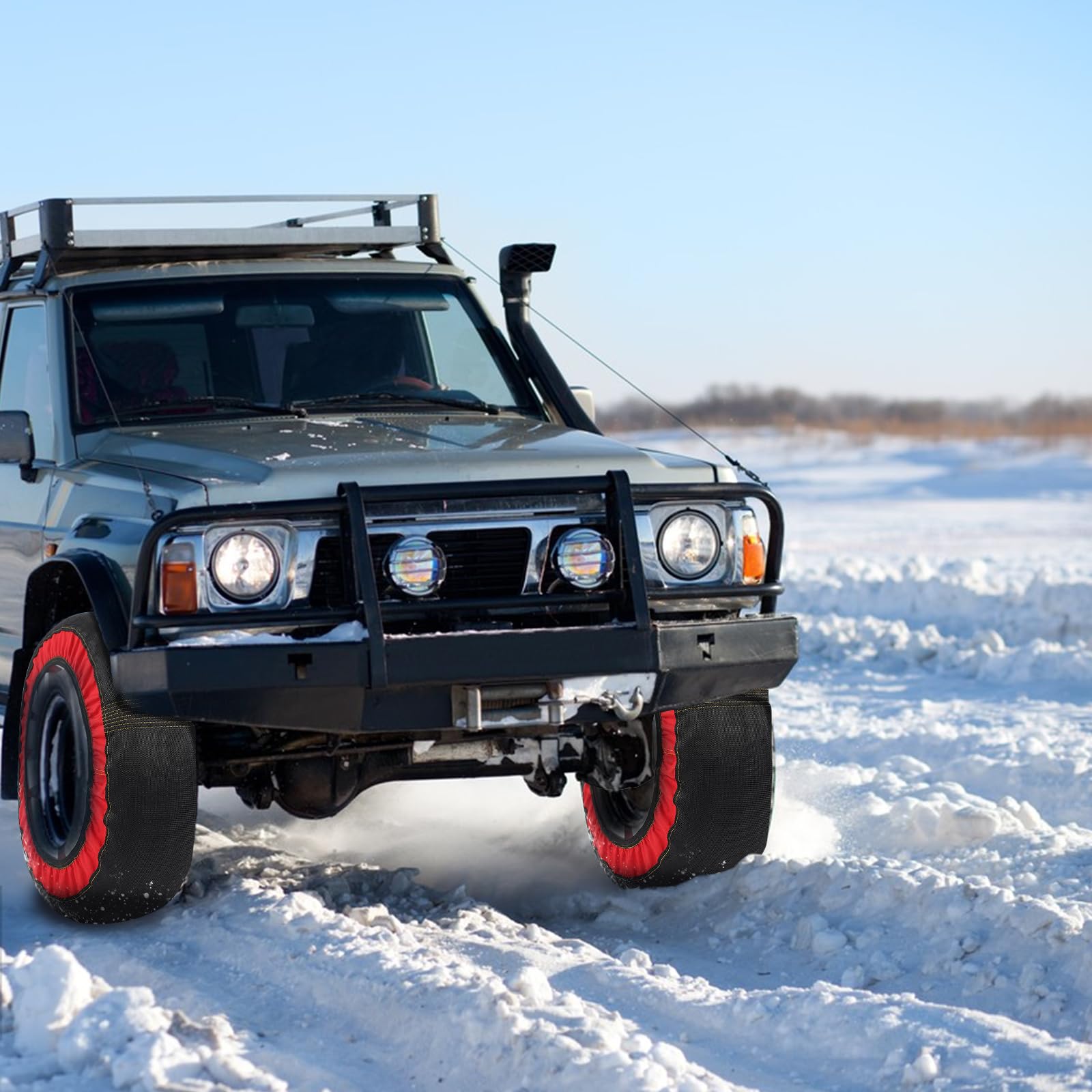 Chaussettes à neige pour pneus de voiture, chaîne neige textile épaissie antidérapante pour une meilleure traction hivernale avec gants et étui de transport pour voitures, SUV et camions universels (4