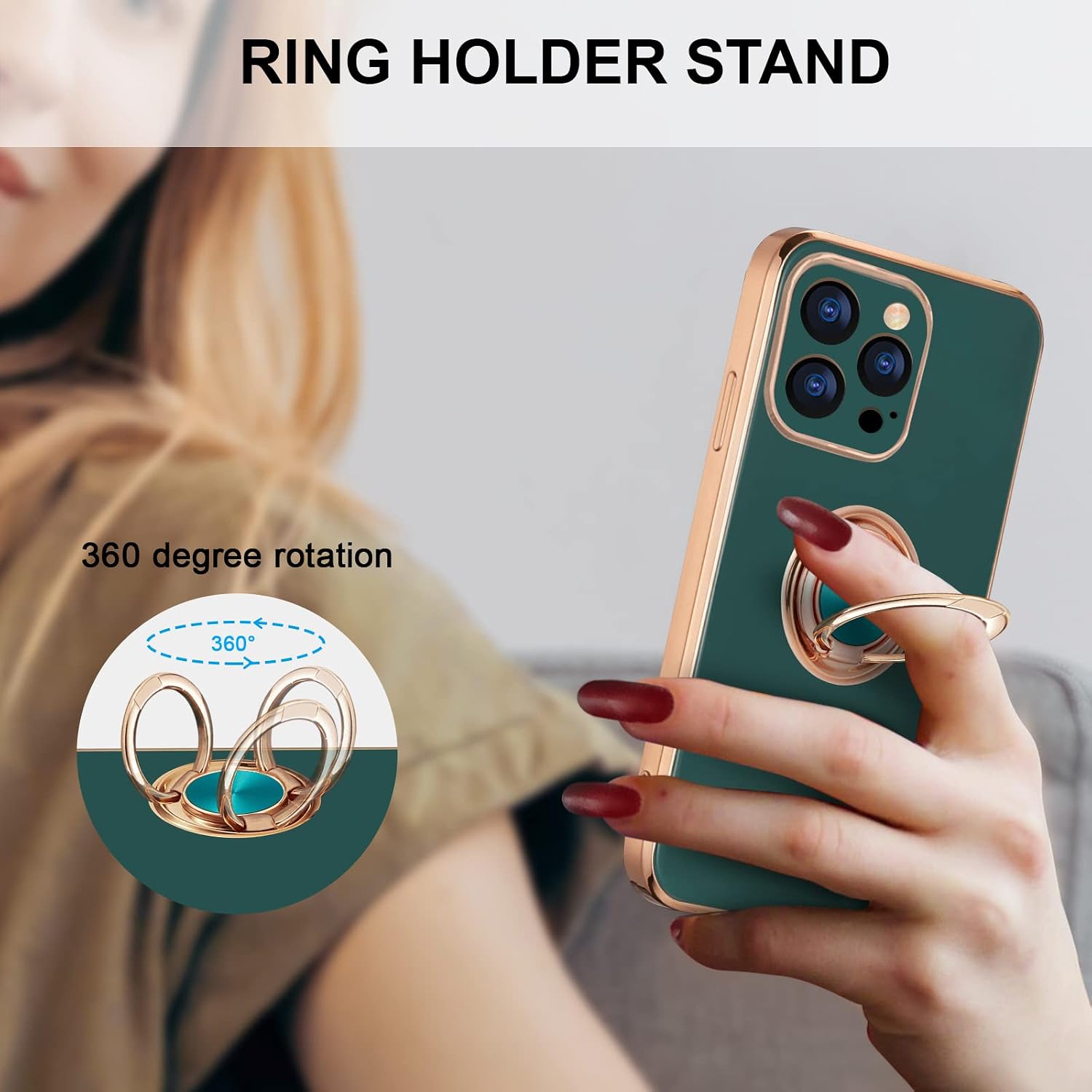 EYZUTAK Electroplated Magnetic Ring Holder Case, 360 Degree with Rotation Metal Finger Ring Holder Magnet Car Holder Soft Silicone Shockproof Cover for iPhone 12 Pro Max 6.7 inch - Drak Green