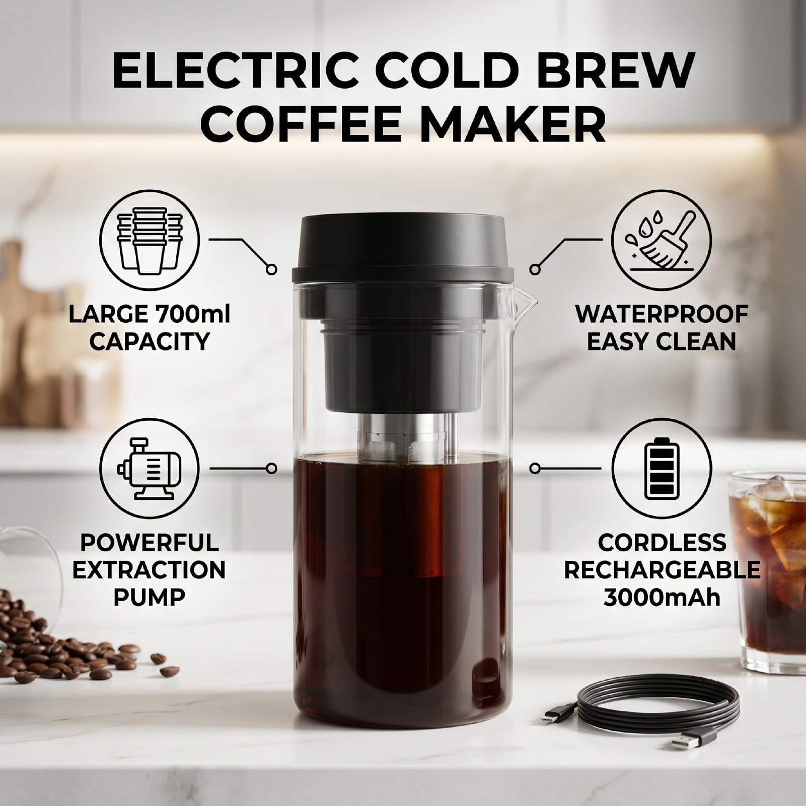 Fockety Caraffa per caffè Cold Brew, Infusore Elettrico Ricaricabile per tè, 700 Ml con Coperchio Ermetico Antigoccia e Filtro in Acciaio Inox for Casa e Ufficio (Black)