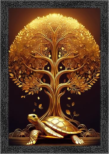 Dharvika Innovations Vastu kalpavriksha Golden Money Tree with Turtle Photo Frame, Black, 11x14 Inch, Sparkle Laminated 427