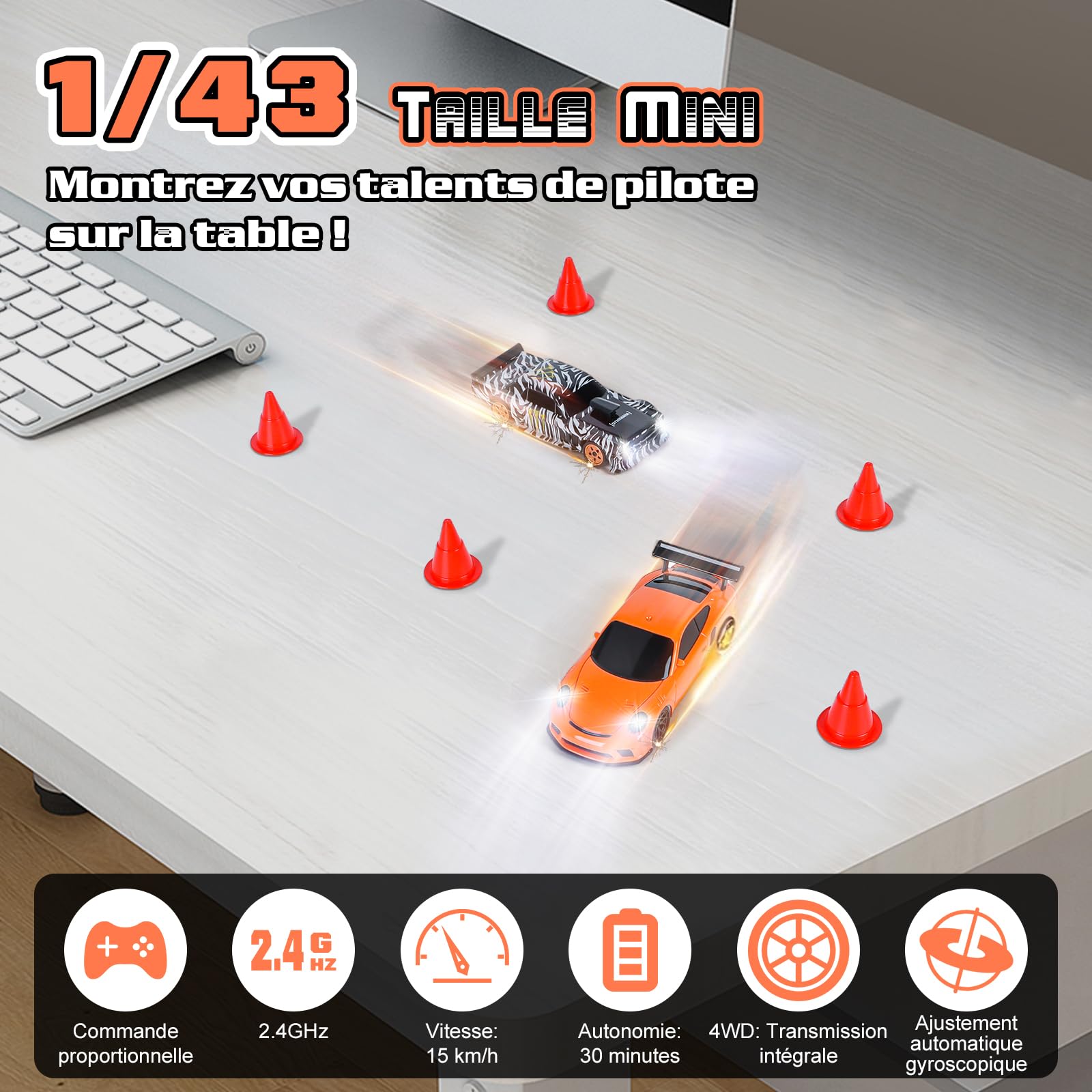 Joellfuner Mini RC Drift Car Pro, 1:43 Voiture Télécommandée Drift, 4WD Dérive Car, Mini Voiture Télécommandée avec Lumière LED, 15km/h, Cadeau de Jouet pour Les Enfants de 14+ Ans