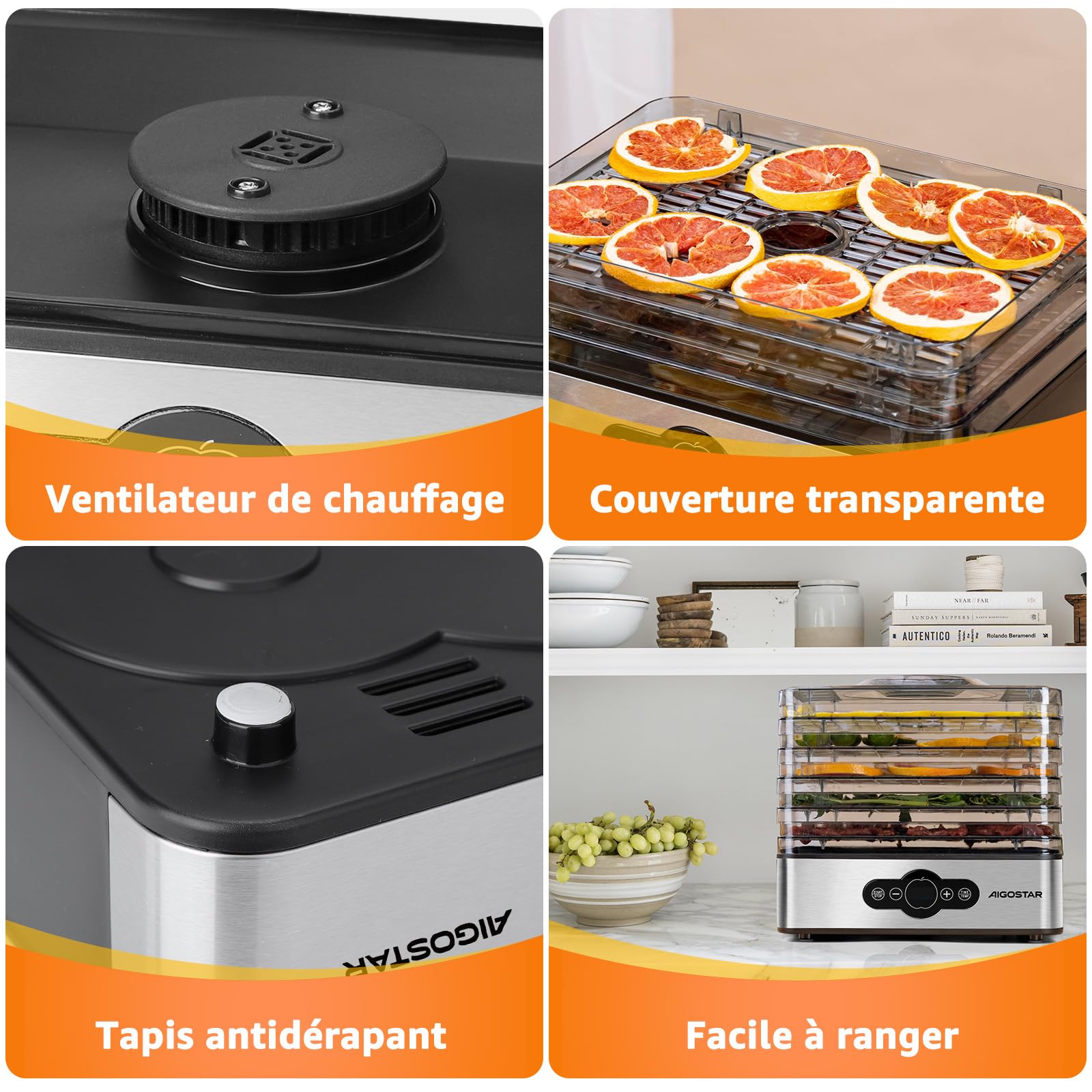Aigostar Deshydrateur Alimentaire avec 5 Plateaux, Déshydrateur sans BPA, Minuterie 99h et Température 35-75 °C, Écran LED, 240W, pour Fruits, Poisson, Légumes, Viande, Jerky, Herbes etc