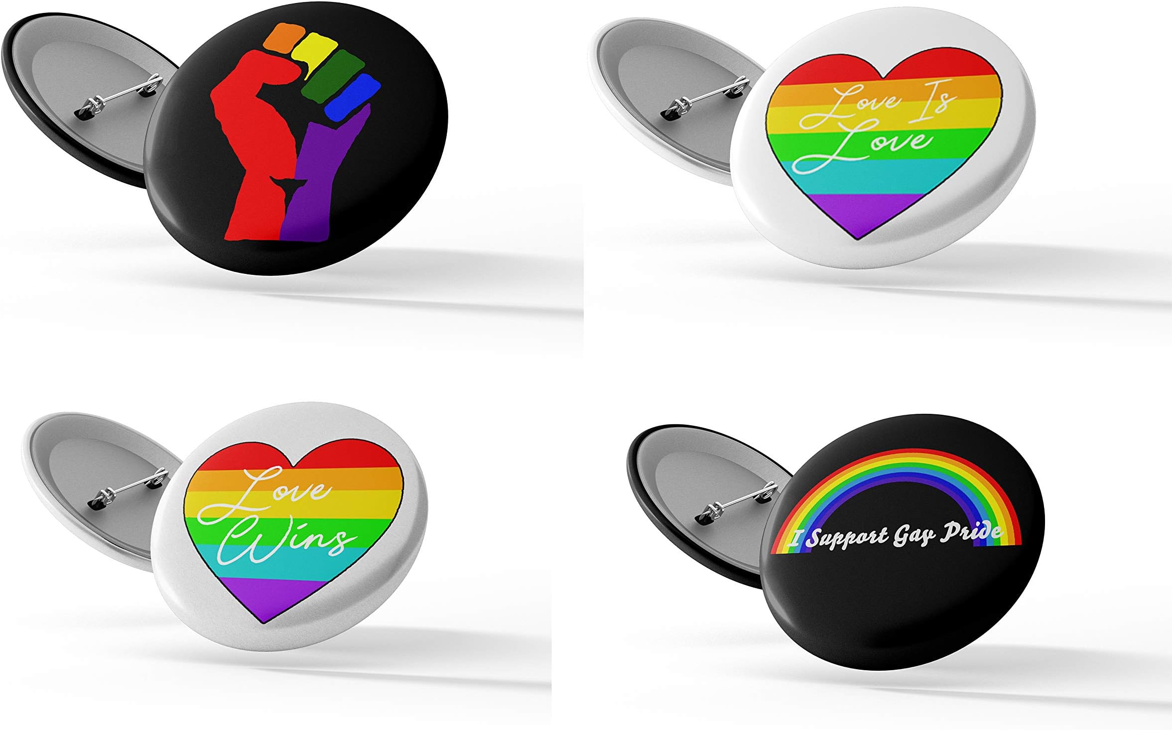Millhouse Prints Gay Pride Badge Set - 25mm Badge Pack Of 4 - Rainbow, Love Heart, LGBT, Pride Support, Love Is Love, Love Wins, Fist