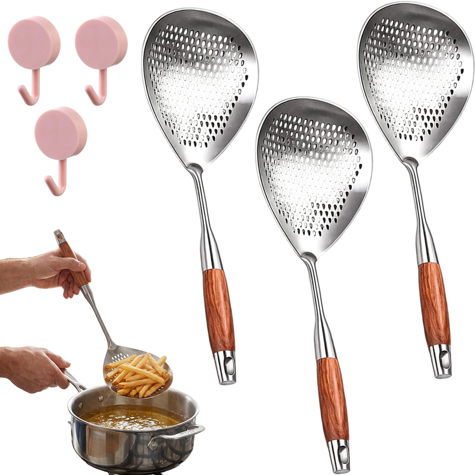 Écumoire inox manche bois lot de 3 pour friture et cuisson saine en cuisine