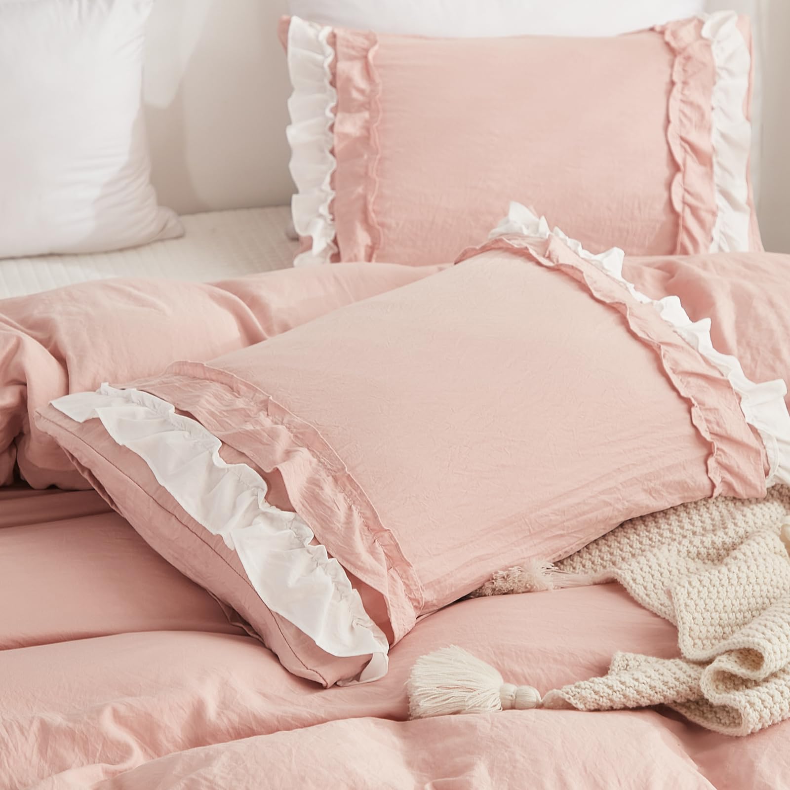 Set di biancheria da letto Herside, con copripiumino a ruche rosa e bianco, design a strati a ruche, stile boho per ragazze, 1 copripiumino e 2 federe (Bianco-rosa, matrimoniale)