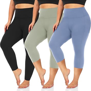 we fleece 3 Pack Plus Size Capri Leggings High Waist Tummy Control