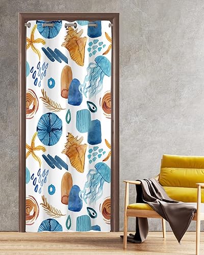 Summer Beach Doorway Curtains - Blackout Curtains 96 Inches Long, Ocean Jellyfish Starfish Coastal Tropical Leaves Sliding Door Curtains Grommet