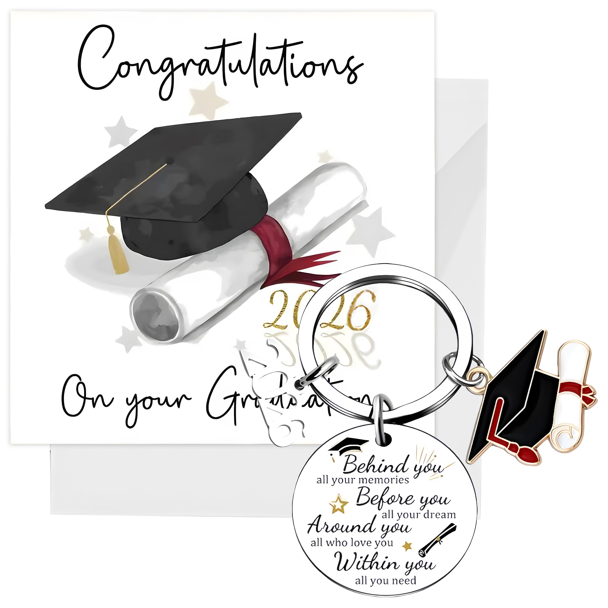 3pcs Graduation Gifts Set Graduation Card with Envelope & Stainless Steel Keychain Heartfelt Congratulations for Her or Him Masters Degree Graduation Gifts for Friends, Son or Daughter