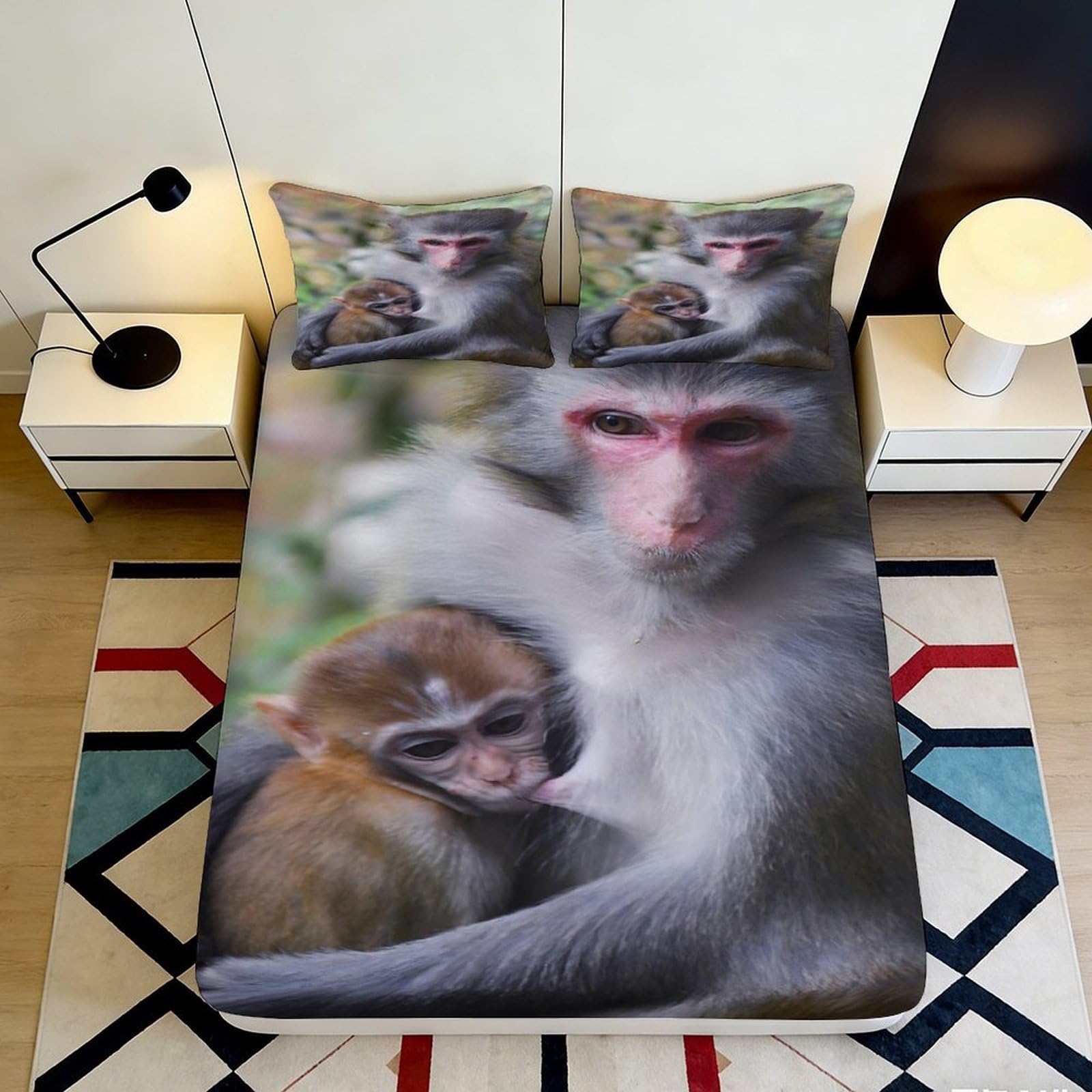 3D Printed Monkey Family Fitted Sheet Microfiber Soft Breathable Jungle Animal Mattress Cover for Bedroom Guest Room Decor 90x200x25cm