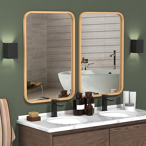 Miniatura 3 de FUWU HOME Espejo de baño de madera para pared, 20 x 30 pulgadas, espejo rectangular de esquina redondeada con marco de madera para el hogar, sala de