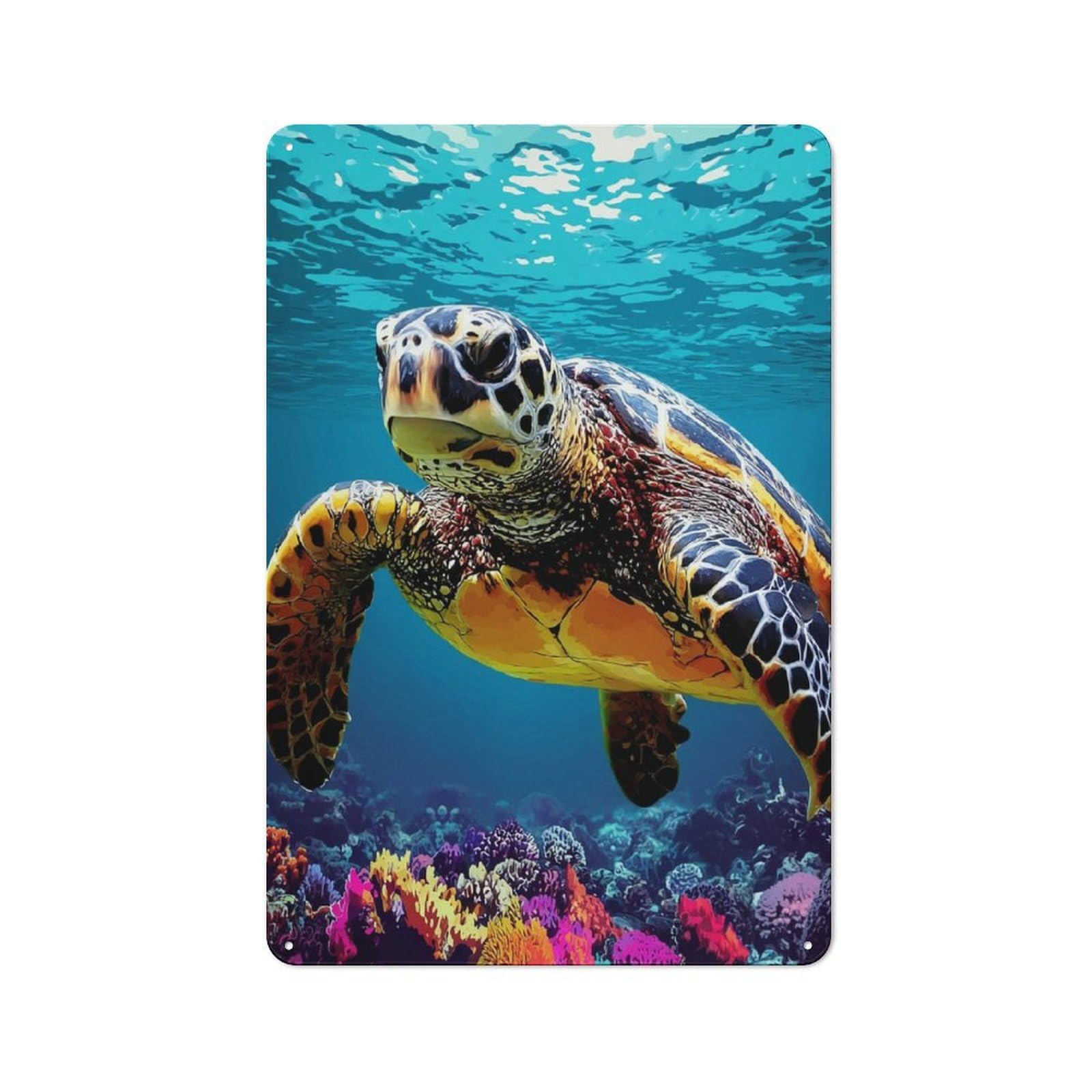 Junmoney Colorful Sea Turtle Swimming-1 Tin Wall Plaque 30X20cm With For Garage Or Workshop, For Living Room, Hallway And Entrance Wall Decor
