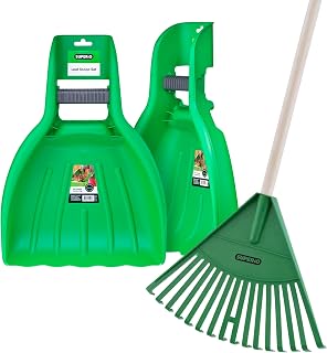 Child-Size Leaf Collector & Rake Set – Garden Leaf Scoops and Lawn Cleaning Tools for Kids, Includes 1 Rake and 1 Pair of Leaf Grabbers, Green Plastic – by Superio