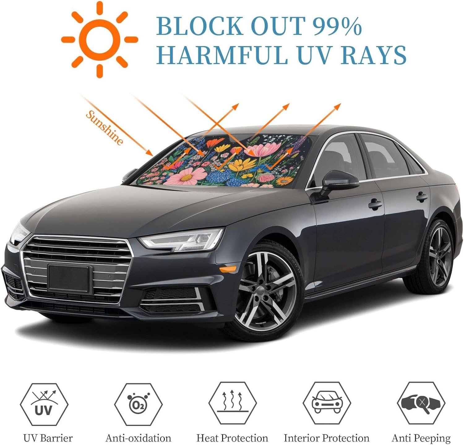 Windshield Sun Shade Wildflower Art Floral Black Car Front Window Sunshade Cover for Truck SUV Blocks UV Rays Automotive Visor Interior Protector 55 x 30 inch
