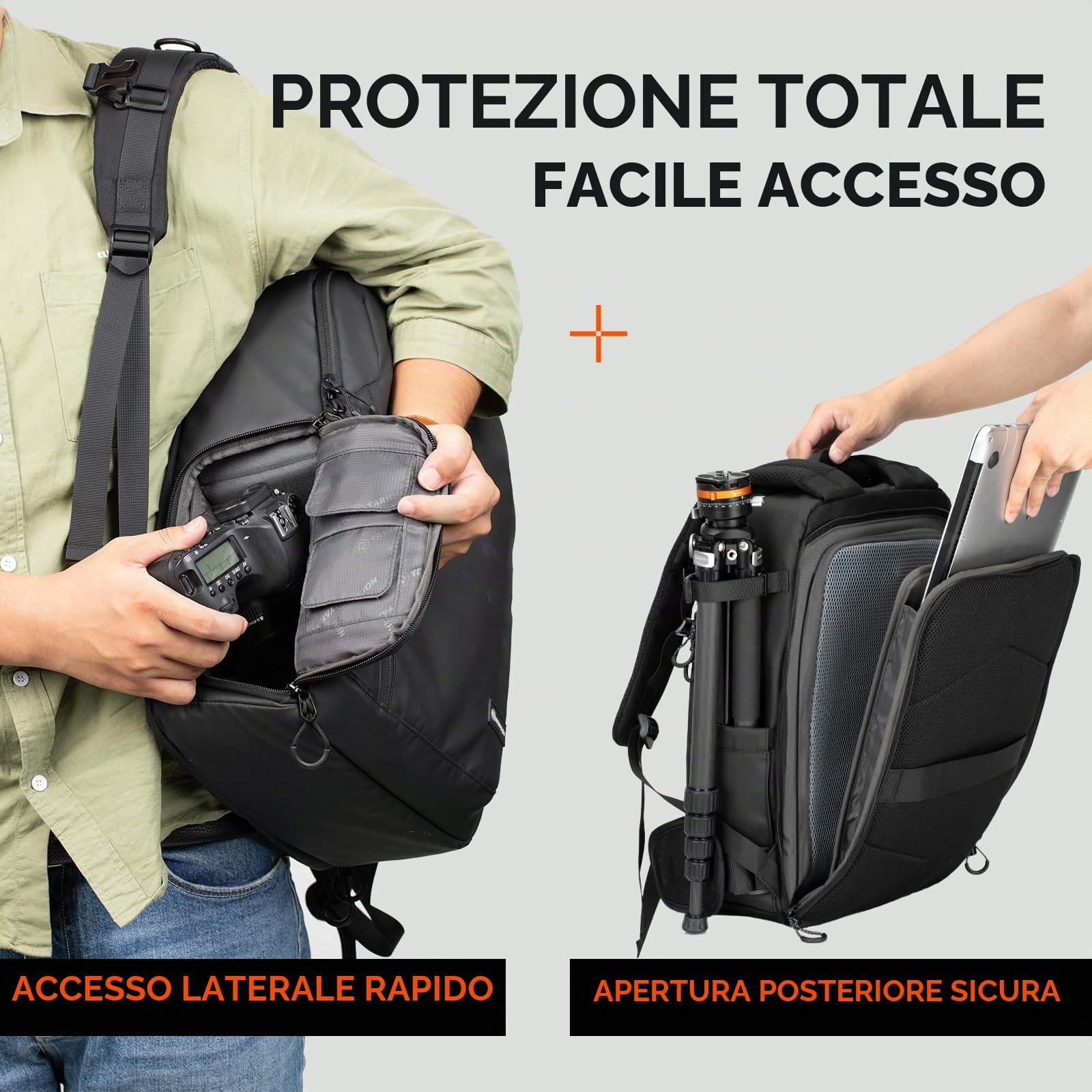 TARION Zaino Fotografico Grande Capacità: Zaino Impermeabile per Fotocamera Con Scomparto per Laptop da 16'' Borsa Fotografica Con Copertura Antipioggia TR-XL(Nero)