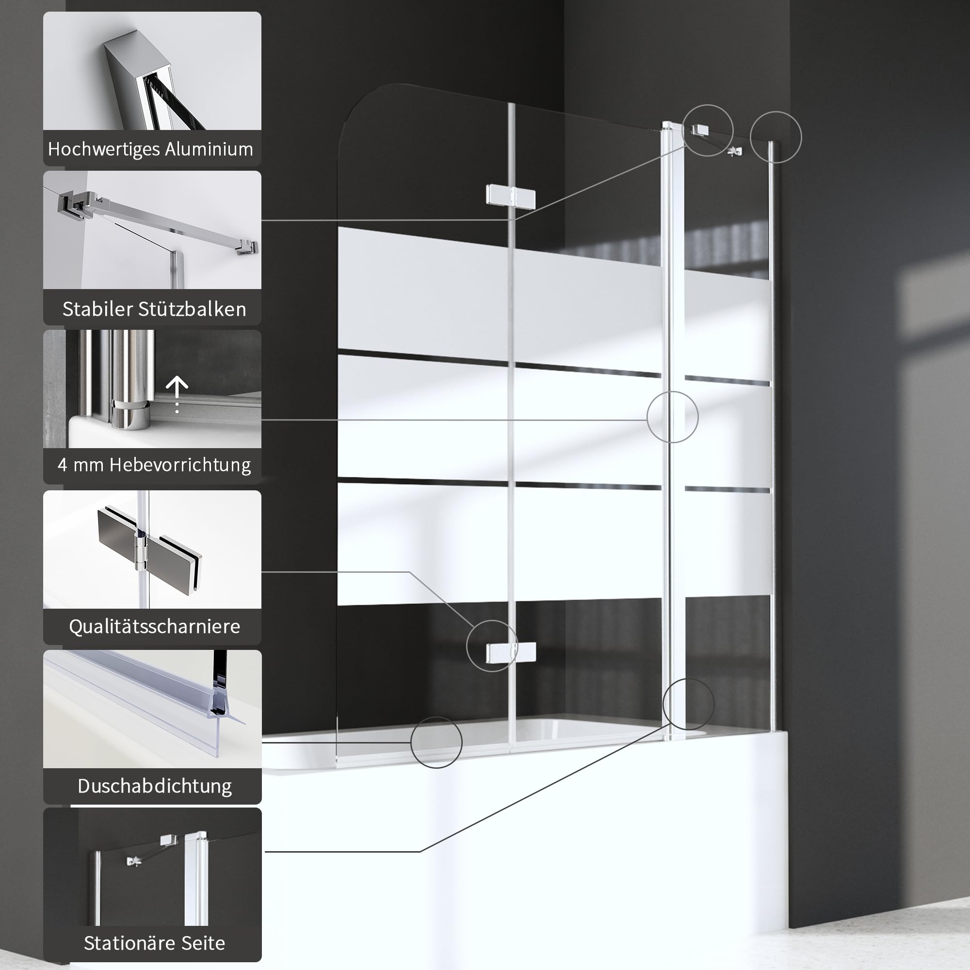 Duschwand für Badewanne mit Stabilisator und Festteil 2 teilig faltbar 160 x 140 cm Gestreift Badewannenfaltwand Duschtrennwand 6mm Nano Glas Duschabtrennung Badewanne