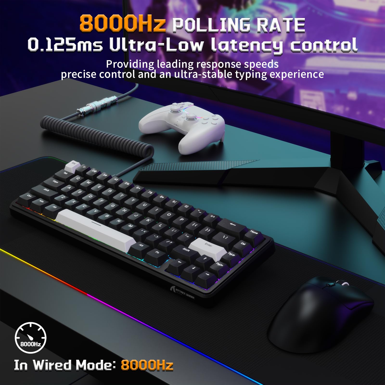 MAMBASNAKE x Attack Shark Combo De Teclado y Ratón para Juegos con Cable, Ratón Inalámbrico Superligero PAW3311 De 59g, Teclado Magnético Mini 65% De Disparo Rápido con Cable En Espiral De 8Khz-Negro
