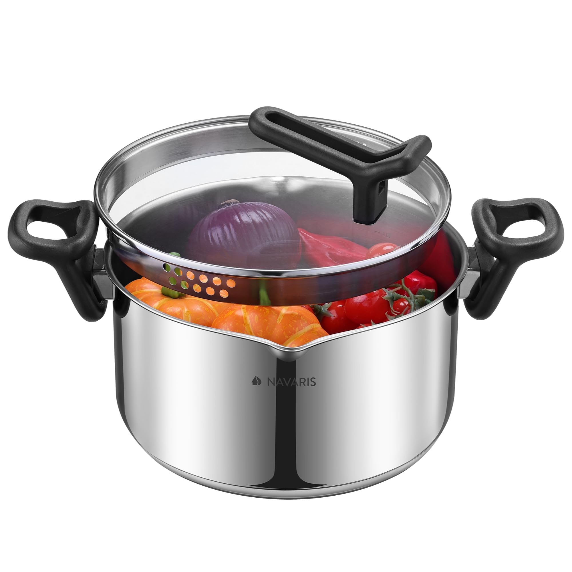 Navaris Pentola per Pasta in Acciaio Inox - Pentolone Induzione Grande - per Diversi Piani di Cottura - per Bollire Pomodori Spaghetti e Brodo - Lavabile in Lavastoviglie - 5,3 L