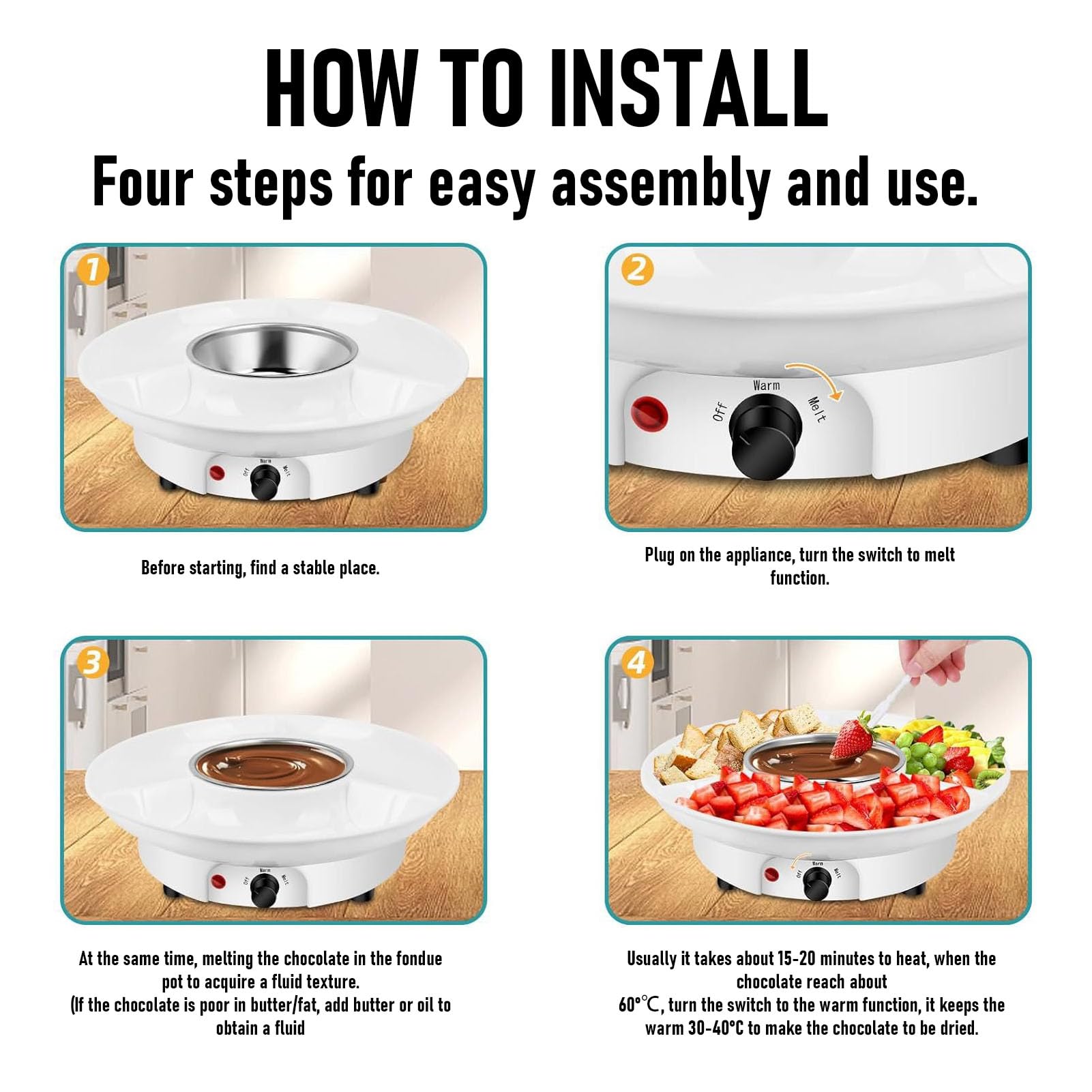 Elektrisches Schokoladenfondue Set 25W Schmelztopf mit 3-teiligem Serviertablett und 10 Spießen