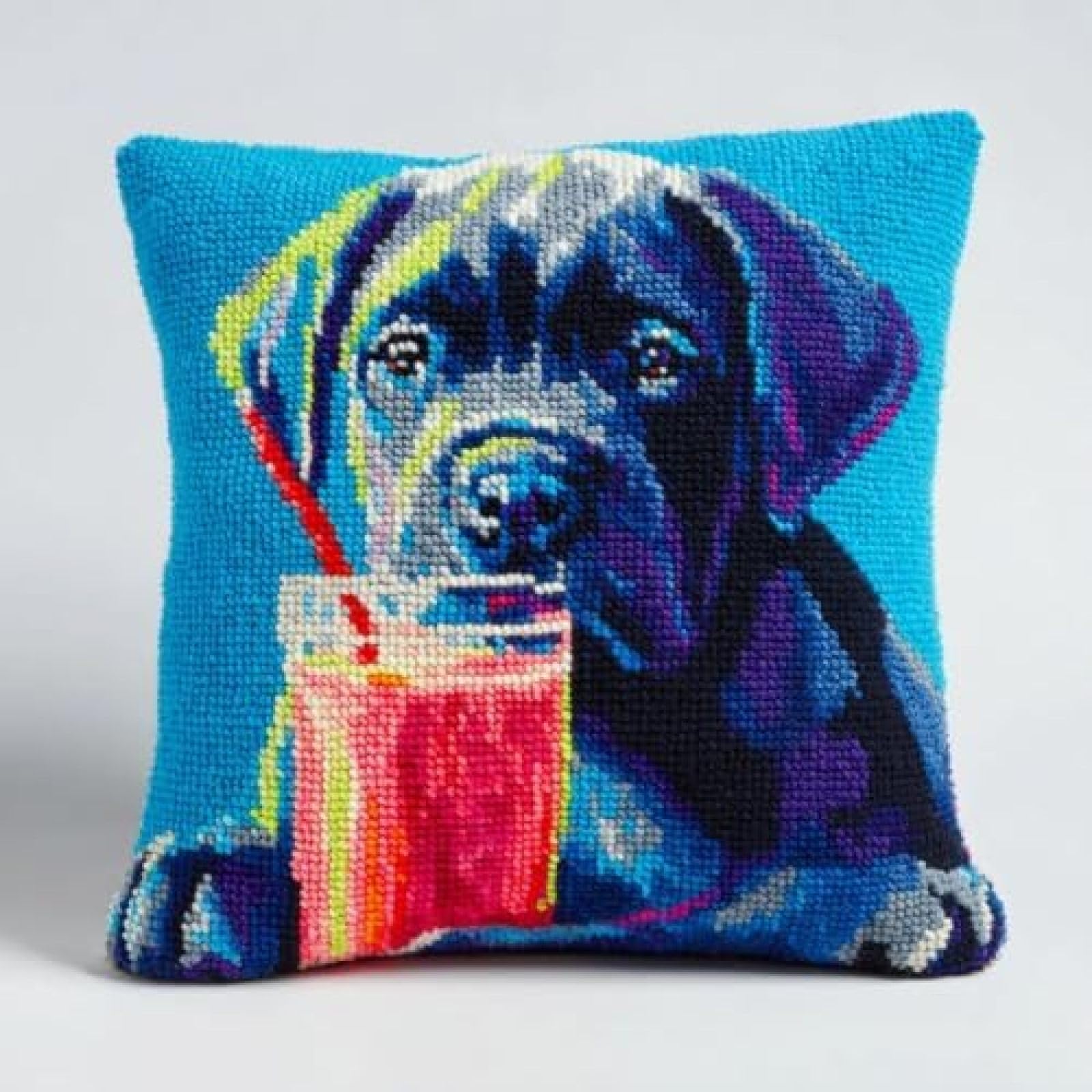 kitphoenix Beginner Latch Hook Cushion Cover Kit,Cane Corso Dog Drink Juice,Adults DIY Embroidery Crochet Craft Kit with Pre-Cut Yarn and Printed Canvas,43x43 cm