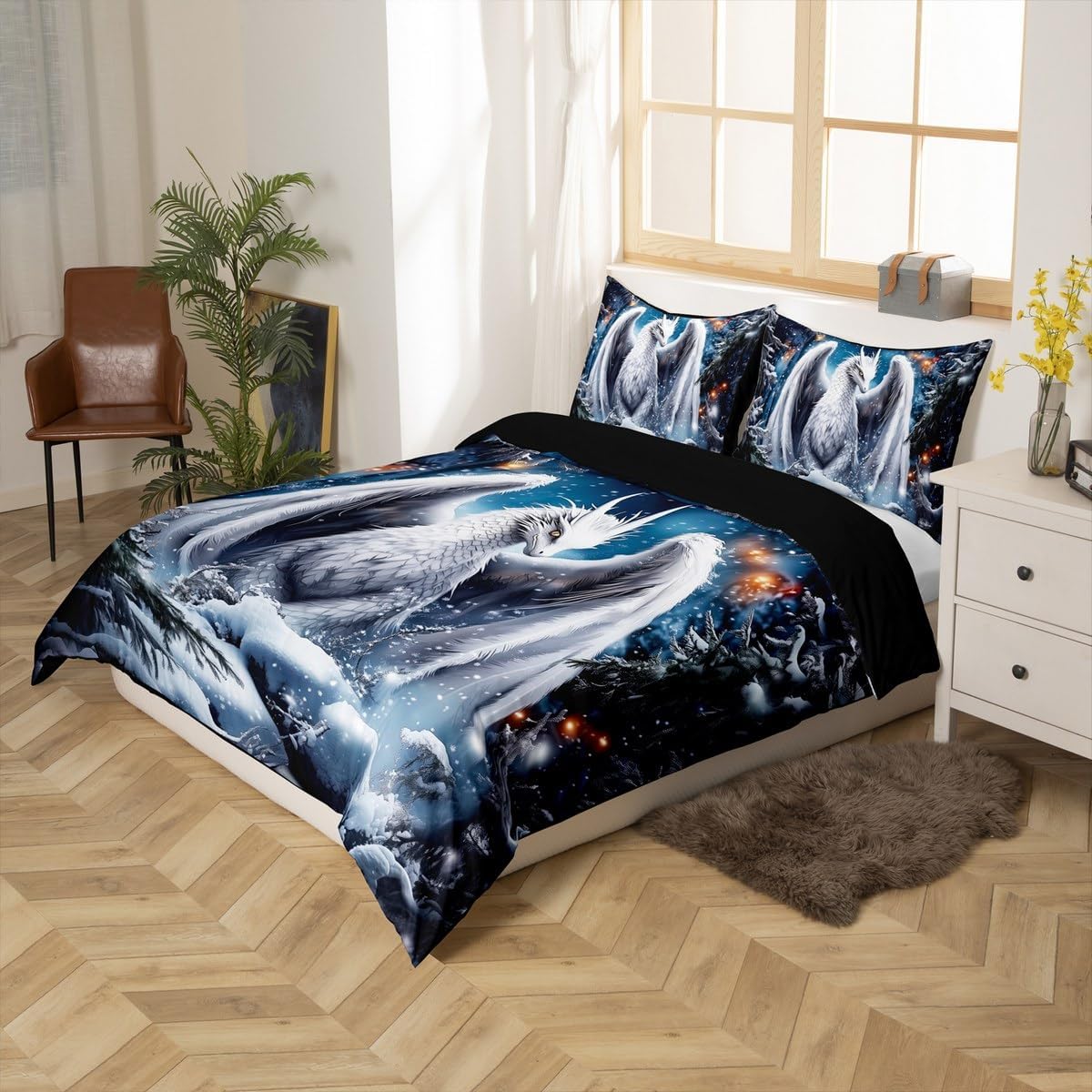Erosebridal White Dragon King Bedding Set Western Magical Animal Duvet Cover Exotic Dragon Comforter Cover for Kids Boys Girls,Winter Snowflakes Jungle Pine Trees Quilt Cover