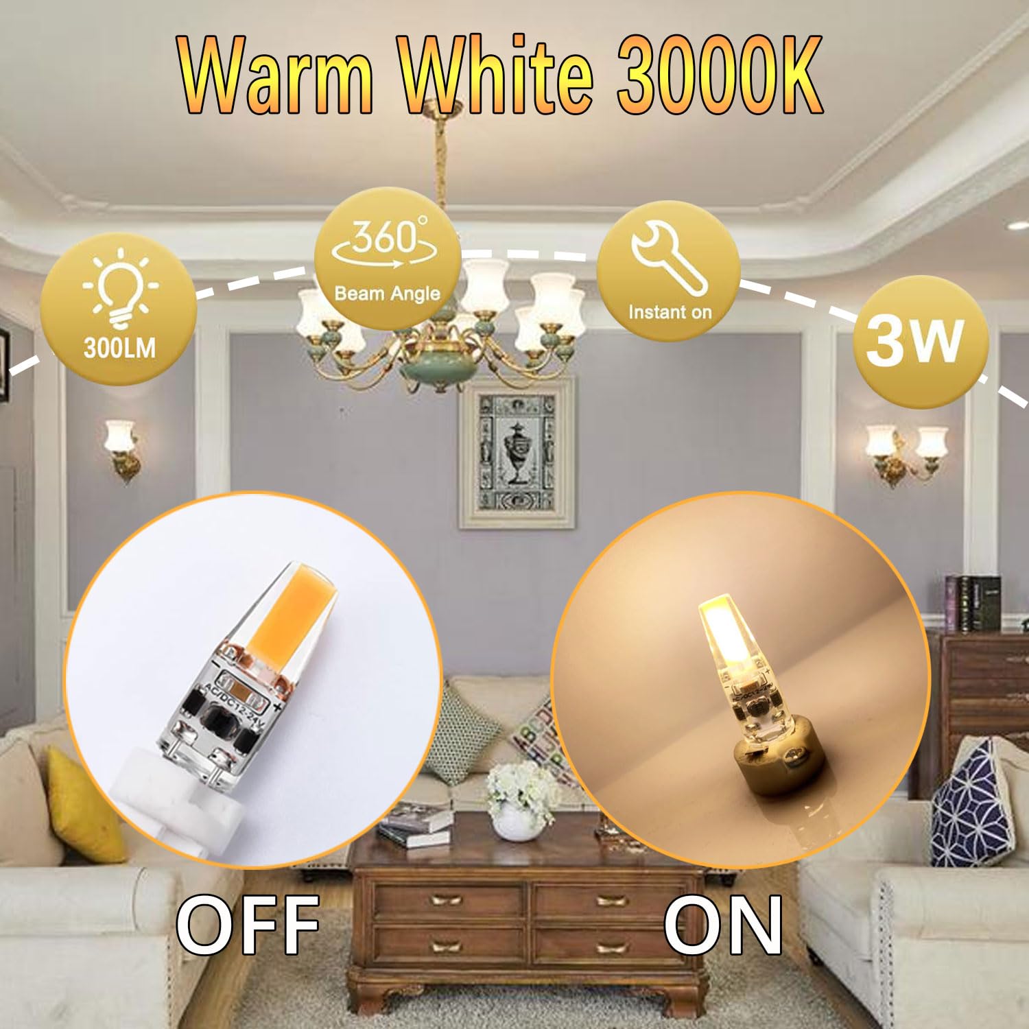 Żarówki LED G4, 3 W, odpowiednik halogenu 30 W, możliwość ściemniania, 300 lm, AC/DC 12 V-24 V, ciepła biel 3000 K, szeroki kąt 360°, oszczędność energii, 8 sztuk