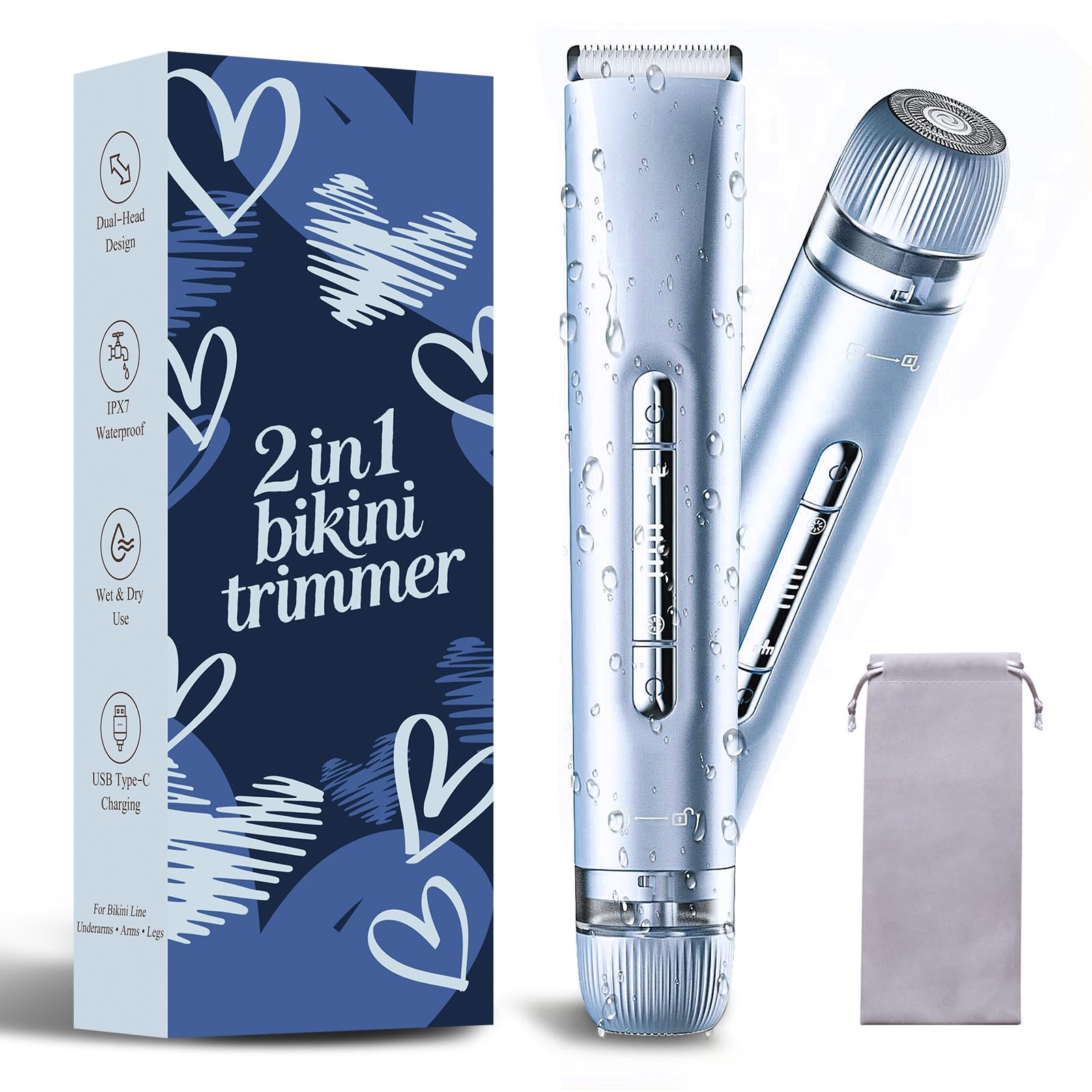 Rasoio per bikini da donna, rasoio elettrico 2 in 1 a doppia testa e rasoio per il corpo, rasoio elettrico senza fili e impermeabile, per donne, depilazione indolore con finitura setosa, blu oceano 2