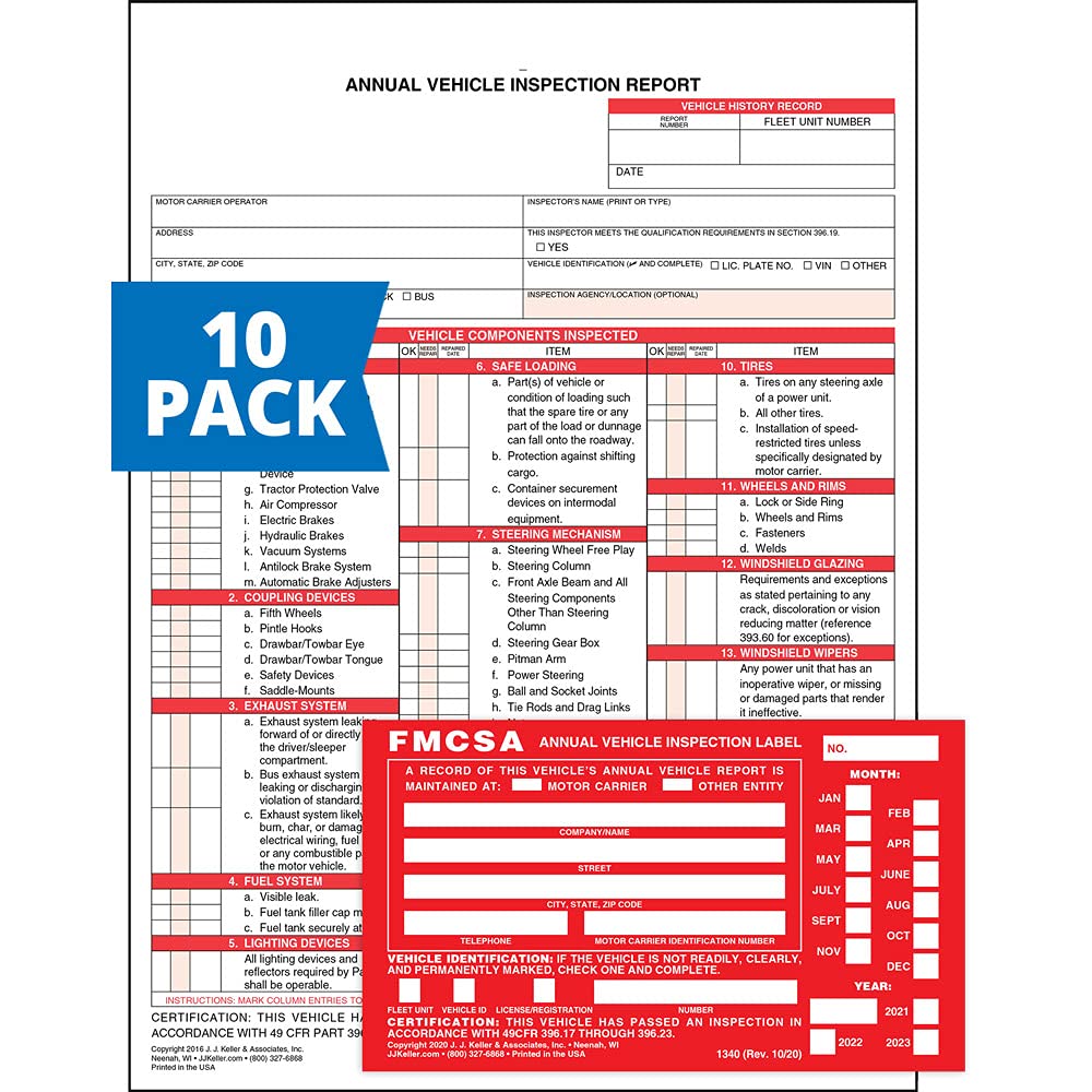 J. J. Keller & Associates, Inc.J. J. Keller & Associates, Inc. Multipack Bundle Lot 10 Each J.J. 3128 (400-FS-C3) Annual Vehicle Inspection Report + 1340 (54SN) Label