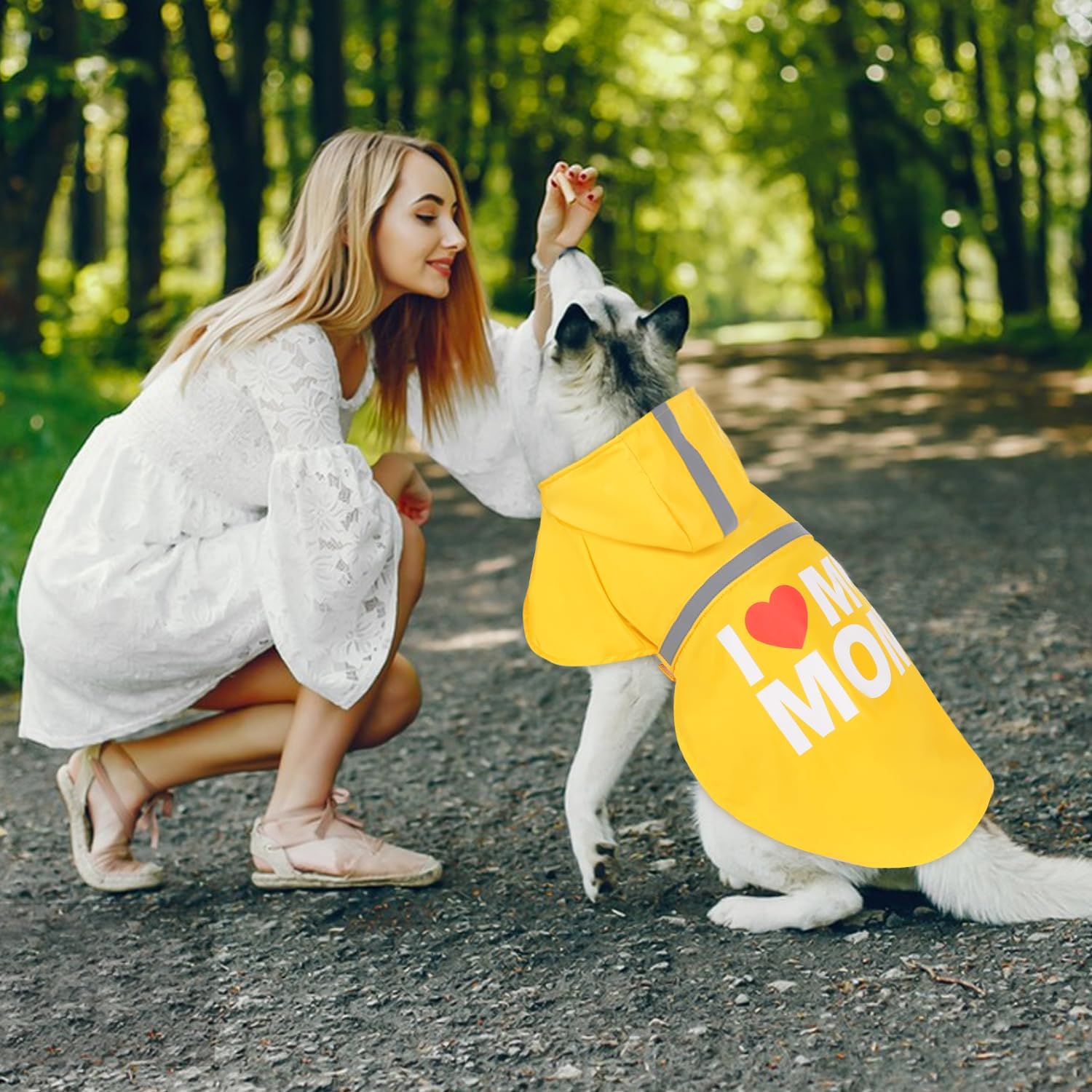 GreenJoy Cute Print Dog Raincoat - Waterproof Rain Jacket with Reflective Strips, Leash Hole, Adjustable for Small to XX-Large Dogs (Yellow, I Love My Mom)
