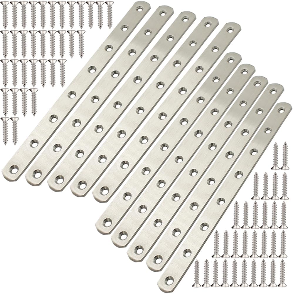 12" Flat Mending Plate 10Pcs Flat Straight Braces Stainless Steel Straight Brackets, Repair Fixing Bracket Connector, Mending Joining Plates with Screws, Silver