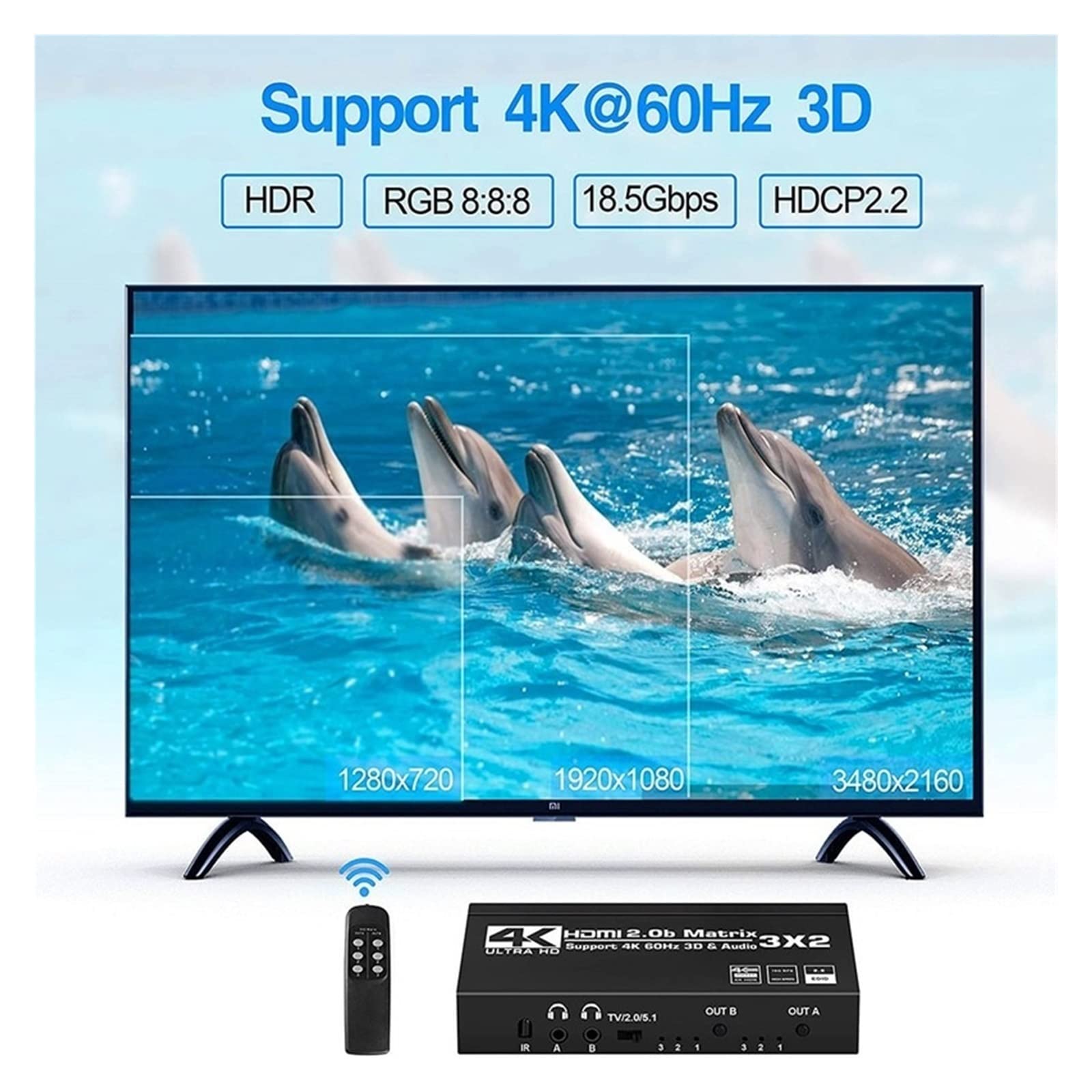 HDMI-Switch-Splitter, HDMI Matrix Switch Splitter mit SPDIF und L/R 3,5 mm HDR HDMI2.0 Switch 3x2 Unterstützung HDCP 2.2 ARC 3D 4K@60Hz for PS5 Einfach einzurichten (Color : USB, Size : Small)