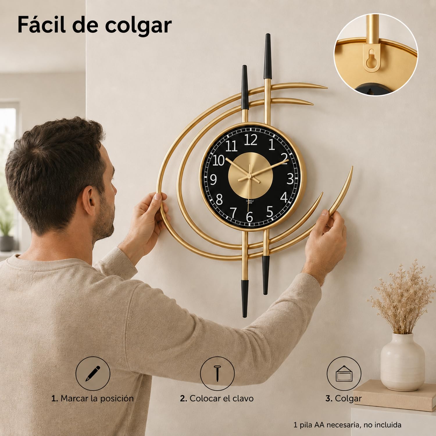 LANMOU Reloj de Pared Grande para Salón, Silencioso Metal Dorado 54 cm | Decoración Hogar con Esfera Negra, Lectura Clara y Uso Interior para Comedor, Oficina o Recibidor Moderno