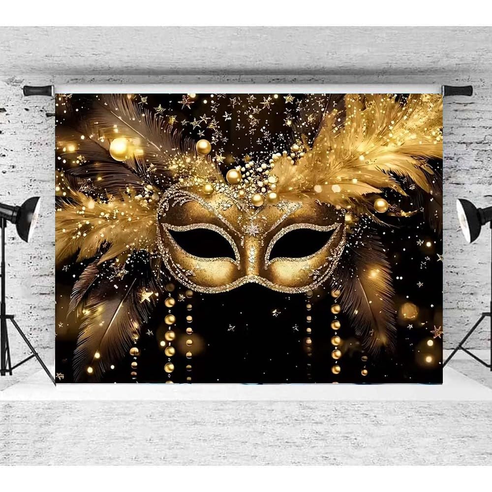 Sfondo per feste in maschera, maschera dorata, piume glitterate, sfondo fotografico, per martedì grasso, feste in maschera, carnevale, feste di buon compleanno (A, 2,7 x 1,8 m)