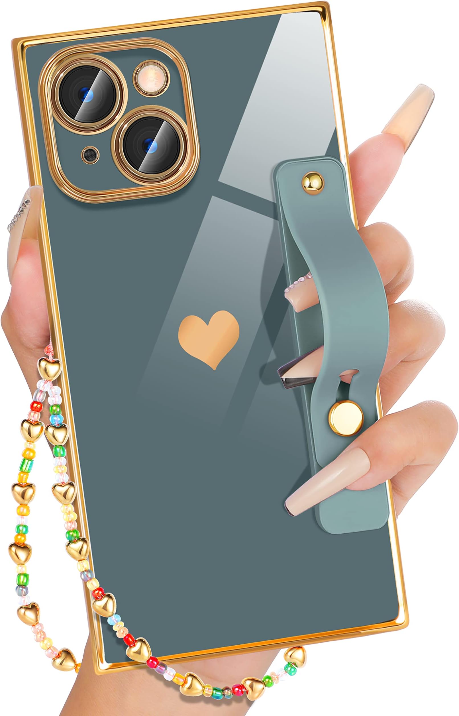 Petitian Square Case for iPhone 14 with Finger Strap/Stand, Cute Women Girls Classic Designer Squared Edge Phone Cases for 14 with Screen Protector and Wrist Chain, Grey