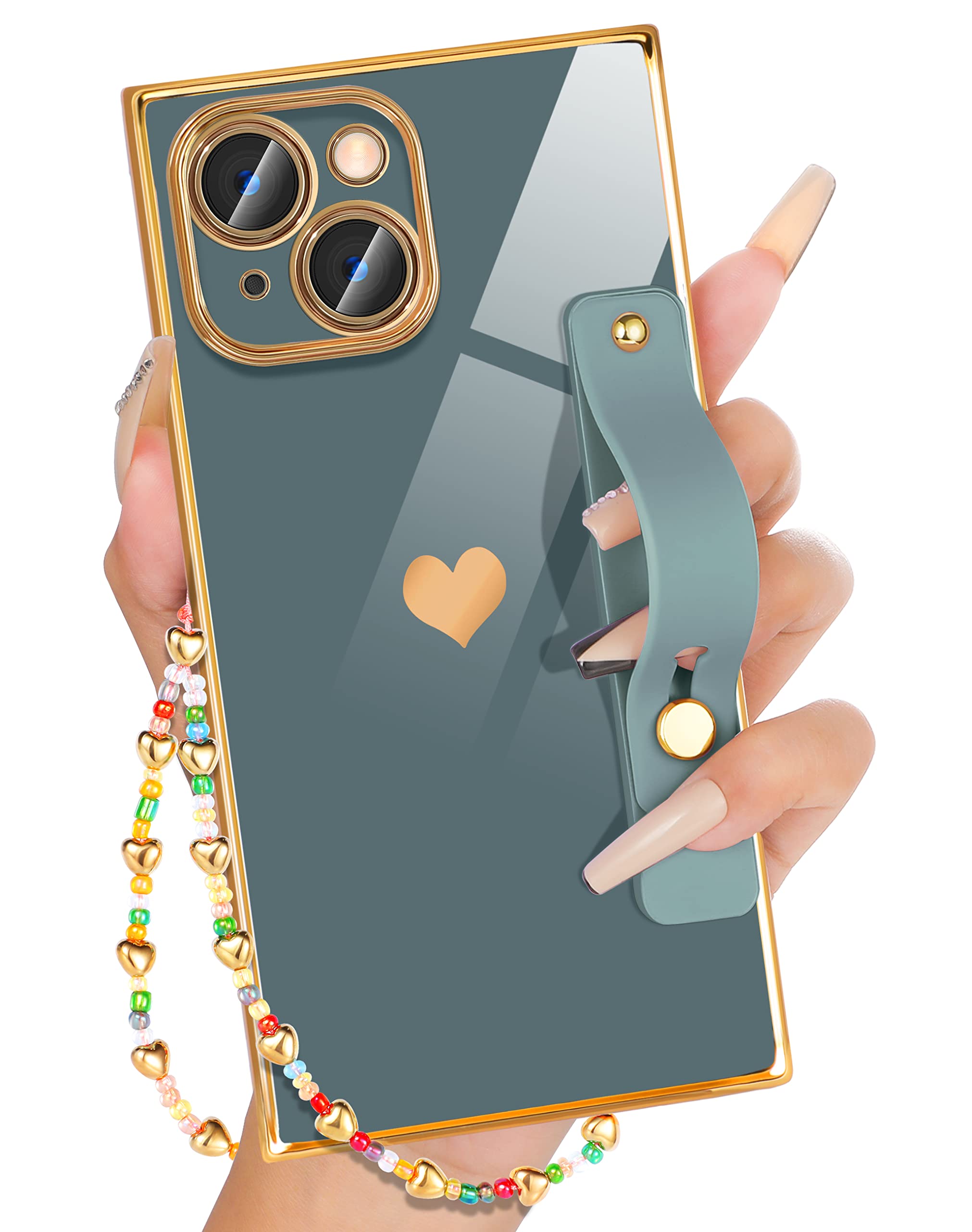 Petitian Square Case for iPhone 14 with Finger Strap/Stand, Cute Women Girls Classic Designer Squared Edge Phone Cases for 14 with Screen Protector and Wrist Chain, Grey