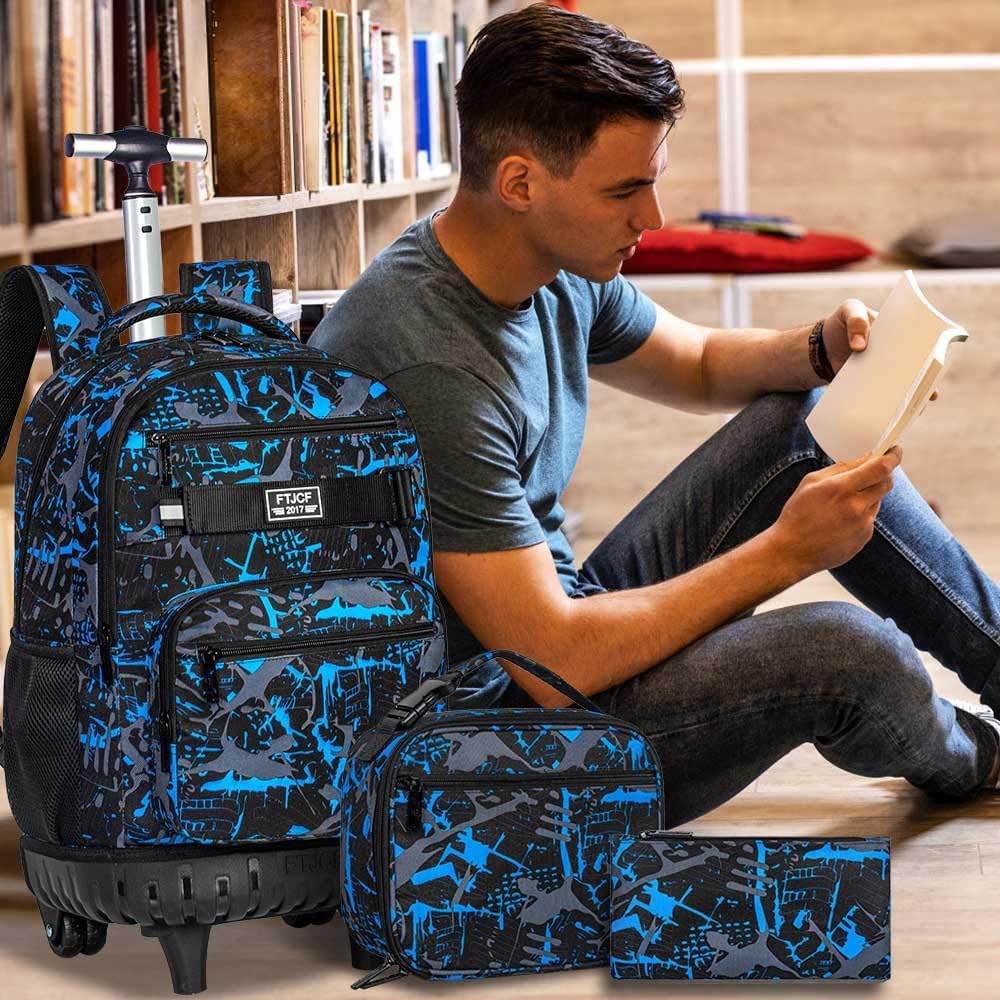 3Pcs Rolling Backpack for Boys Men, Travel Roller Backpacks with Wheels for Adults, Teens College Graffiti Wheeled Bookbag with Lunch Box(Blue) - Image 9