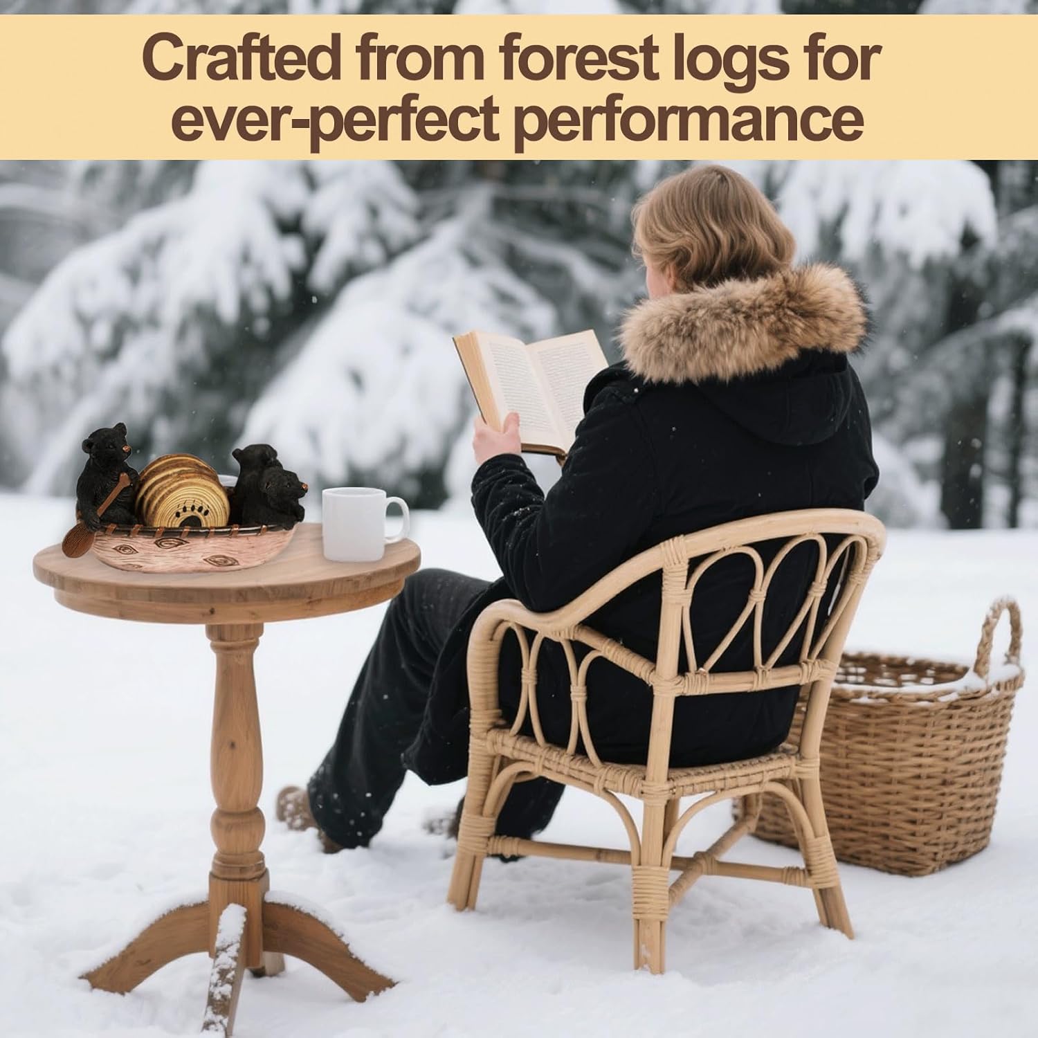 Bear Coasters Set of 6 in Handmade Canoe with Black Figurines - Rustic Wood Cabin Home Decor, Black Bear Log Cabin Decorations, Rustic Lodge Decor for The Home (4 Inch) - Image 5