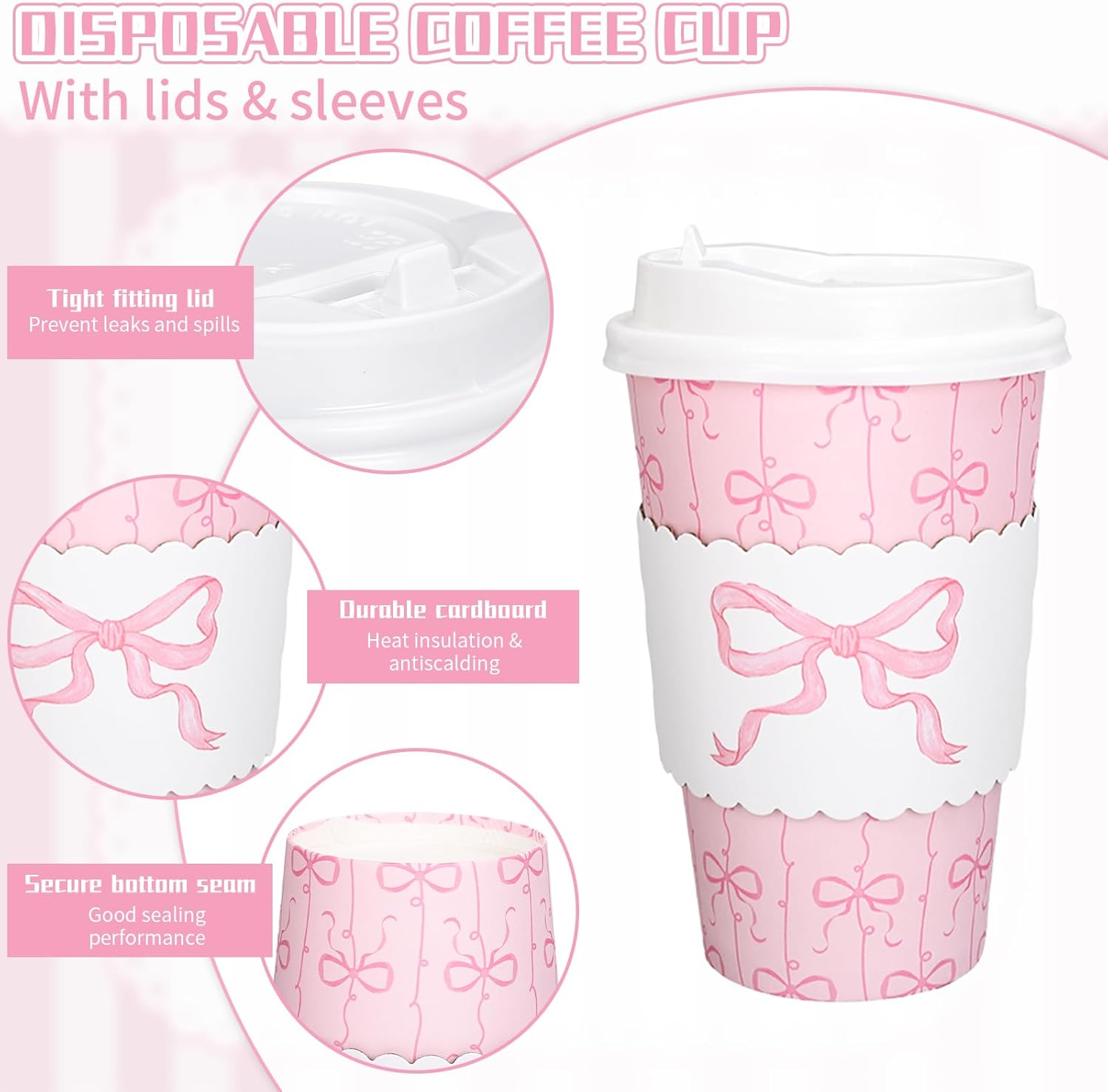 48 Set Pink Bow Coquette Disposable Paper Cups with Lids and Sleeves 16Oz Cute Bowknot Coffee Cups for Hot Cold Drinks Mother's Day Wedding Birthday Baby Shower Bachelorette Party Supplies - Image 3
