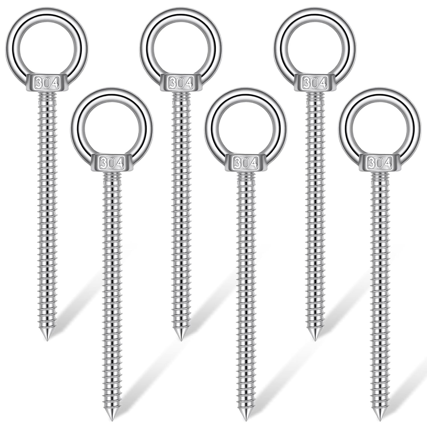 6 Pack 6.3 Inch Heavy Duty Eye Hooks, M10 304 Stainless Steel Self Tapping Eyelet Screw, 850LBS Load Capacity for Hammock, Swing Chair, Yoga, Indoor & Outdoor Use