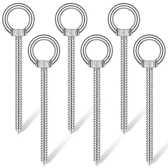 6 Pack 6.3 Inch Heavy Duty Eye Hooks, M10 304 Stainless Steel Self Tapping Eyelet Screw, 850LBS Load Capacity for Hammock, Swing Chair, Yoga, Indoor & Outdoor Use