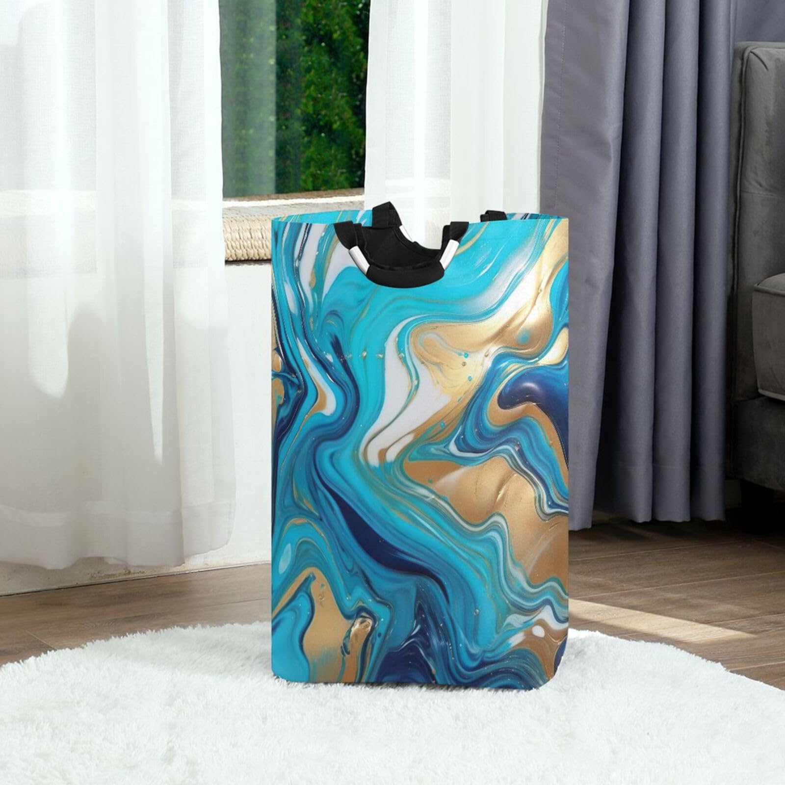 Jihqo Laundry Hamper Basket Abstract Marble Blue Collapsible Nursery Storage Bin Waterproof Clothing Baskets for Home Bedroom Bathroom Washing Room