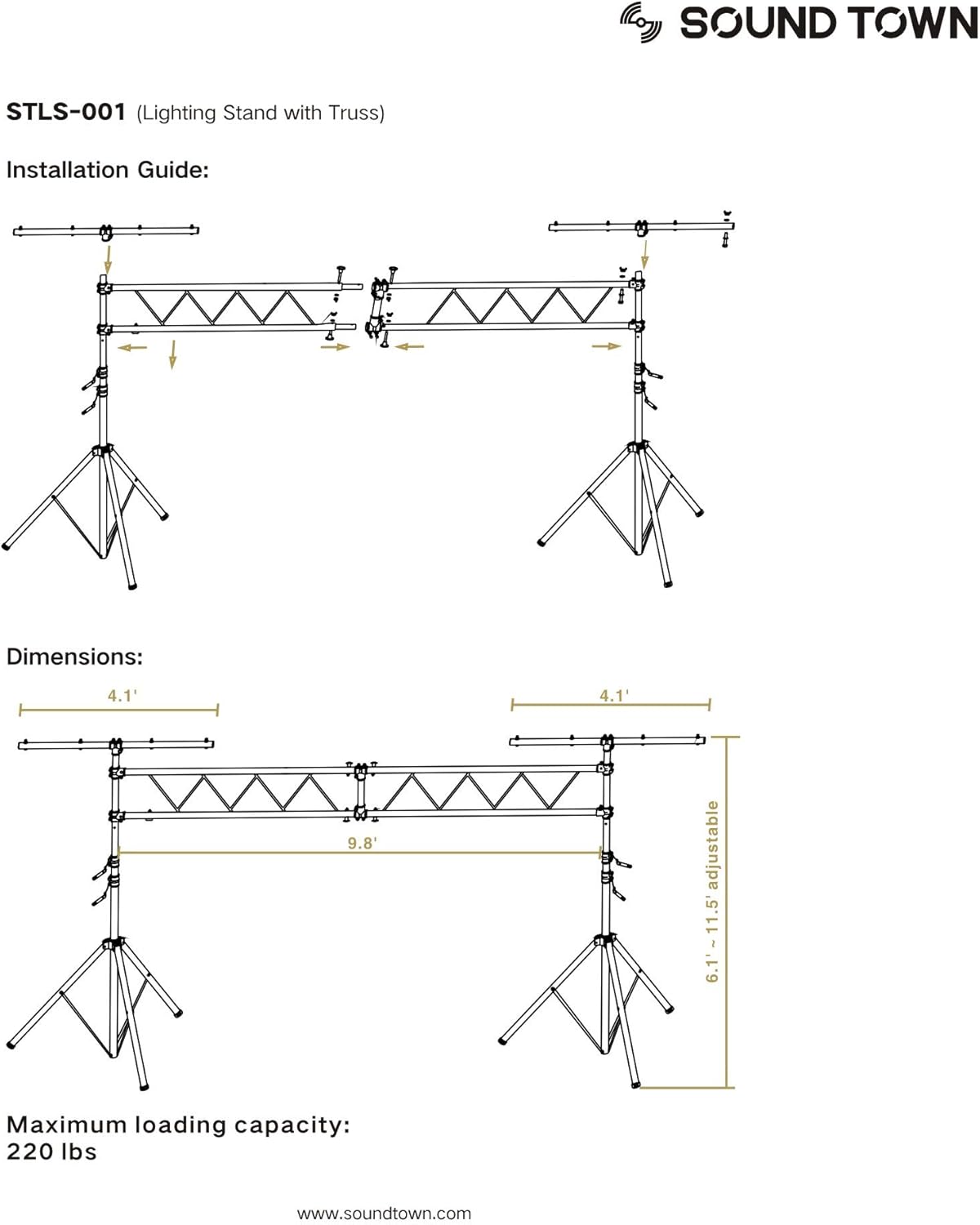 Sound Town DJ Lighting Stand-Adjustable Height, 11.5 ft Tall with Truss, Portable Lighting Truss System and T-Bars (STLS-001)