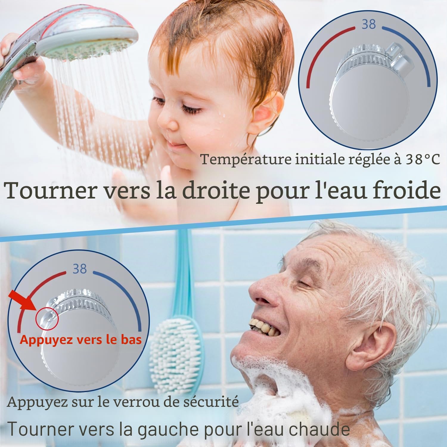 Mitigeur de douche thermostatique 3 voies dissimulé – Vanne inverseur chromée à 3 sorties avec bouton poussoir, débit et température réglables, fonctionnement simultané