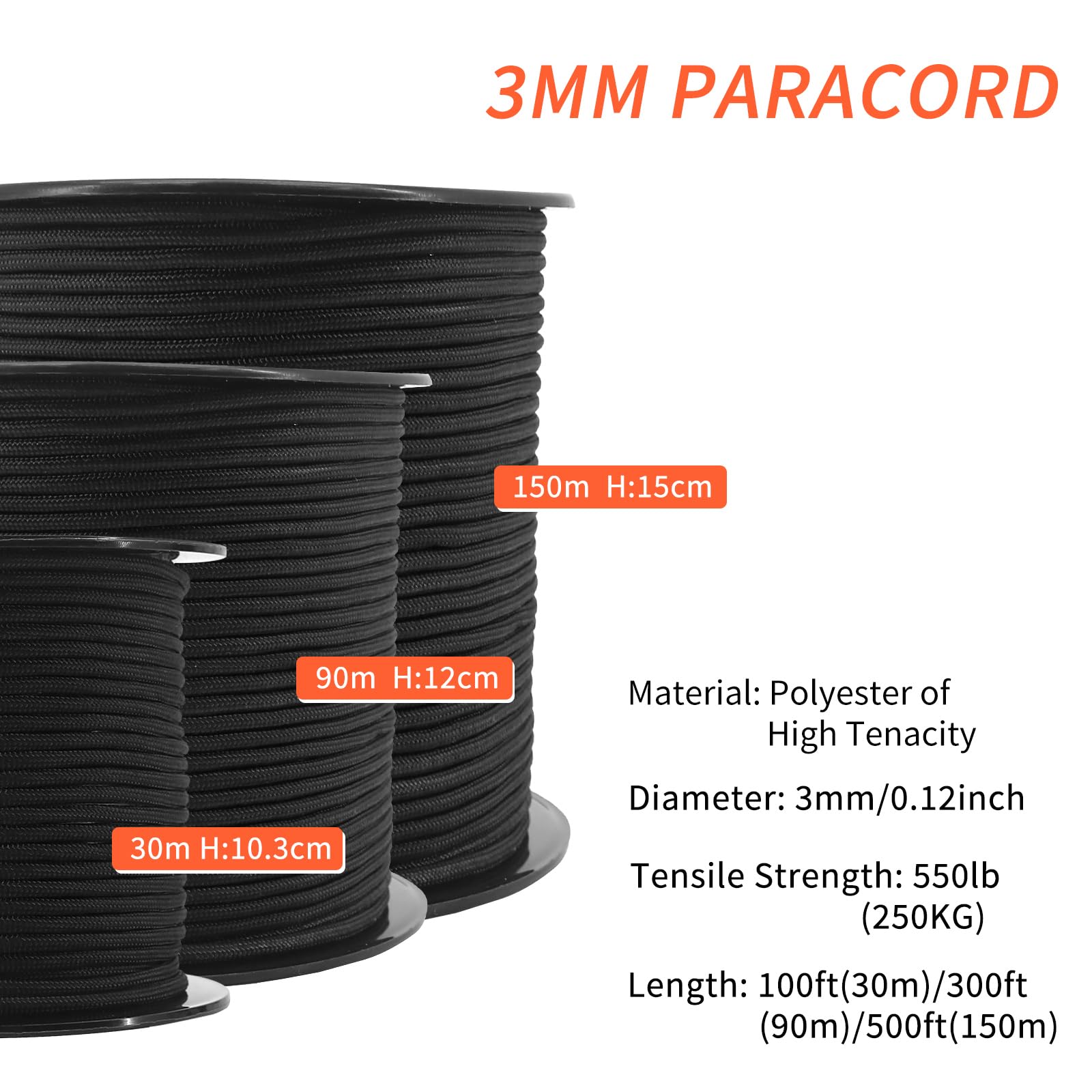 NewDoar Paracord 3mm Cordons Utilitaires 30M/90M/150M Rouleau de Corde Tactique 7 Noyaux Polyester 250KG Résistance à la Traction pour l'extérieur, Le Bricolage, l'artisanat, Le Jardinage, Le Camping