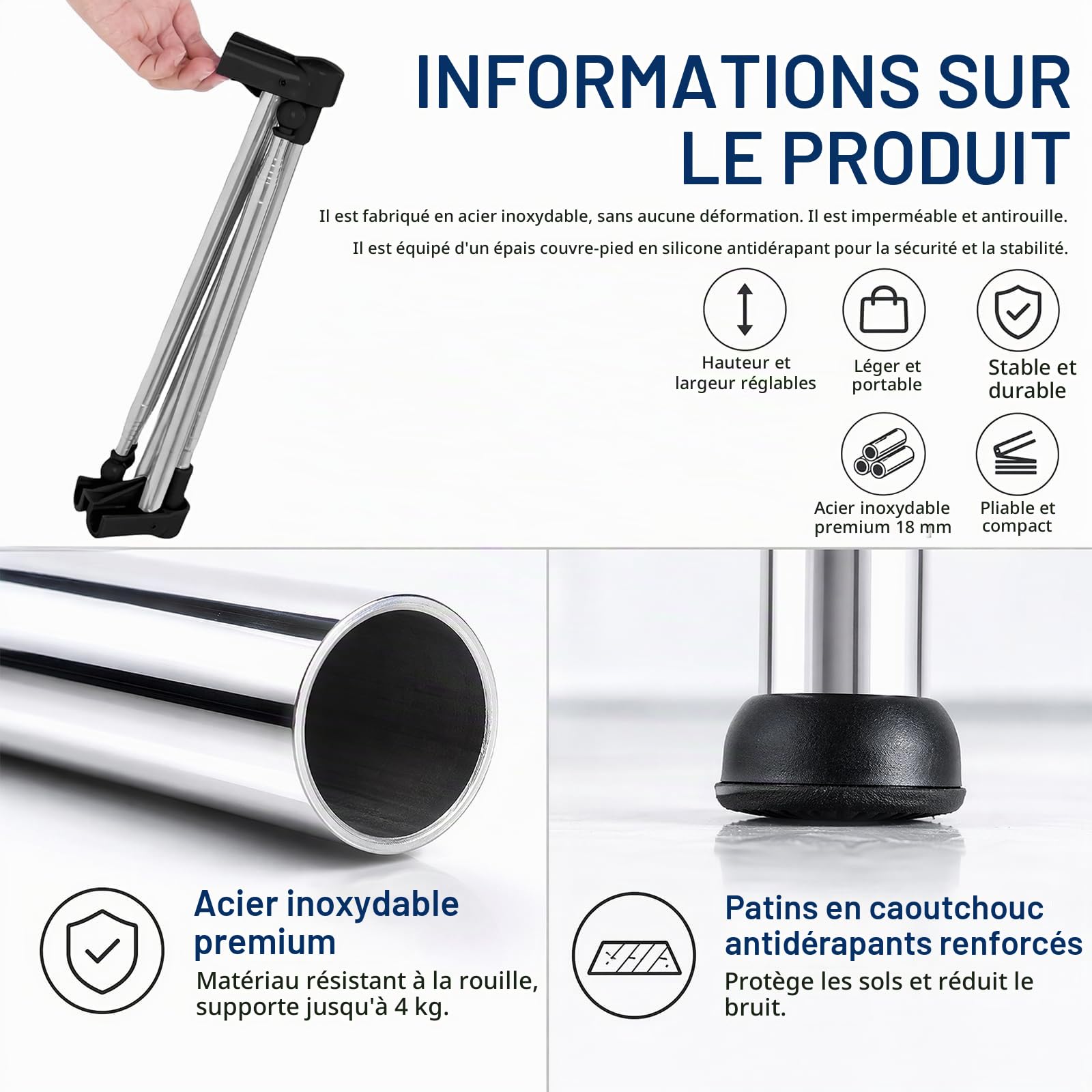 Portant à Vêtements Pliable Acier Inoxydable Télescopique Réglable, Support Portable pour Voyage, Camping, Petit Appartement & Séchage Linge