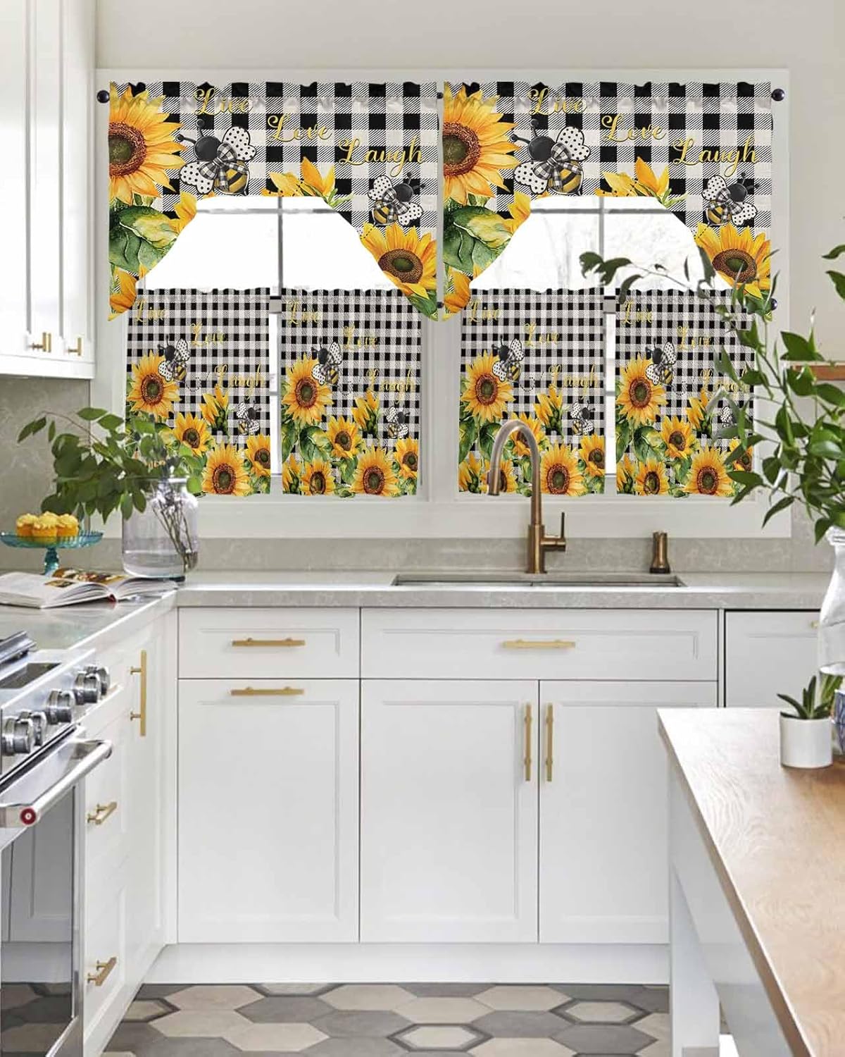 Savannan Kitchen Curtains Tiers and Swag Valances Set, Sunflower Summer Black Checkered Rod Pocket Short Window Curtains for Bedroom Bathroom Cafe, 3 Pieces 24 Inch Long Bee Vintage