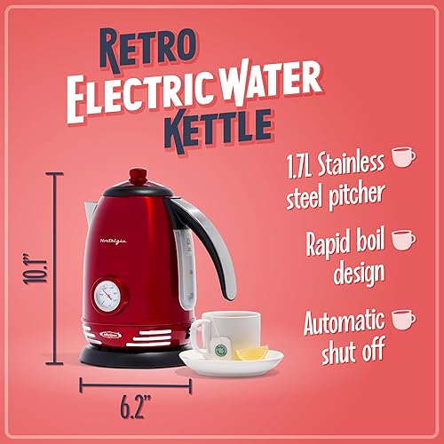 Miniatura 2 de Nostalgia Hervidor eléctrico retro de acero inoxidable para té y agua, 1.7 litros, apagado automático y protección para hervir, ventana indicadora