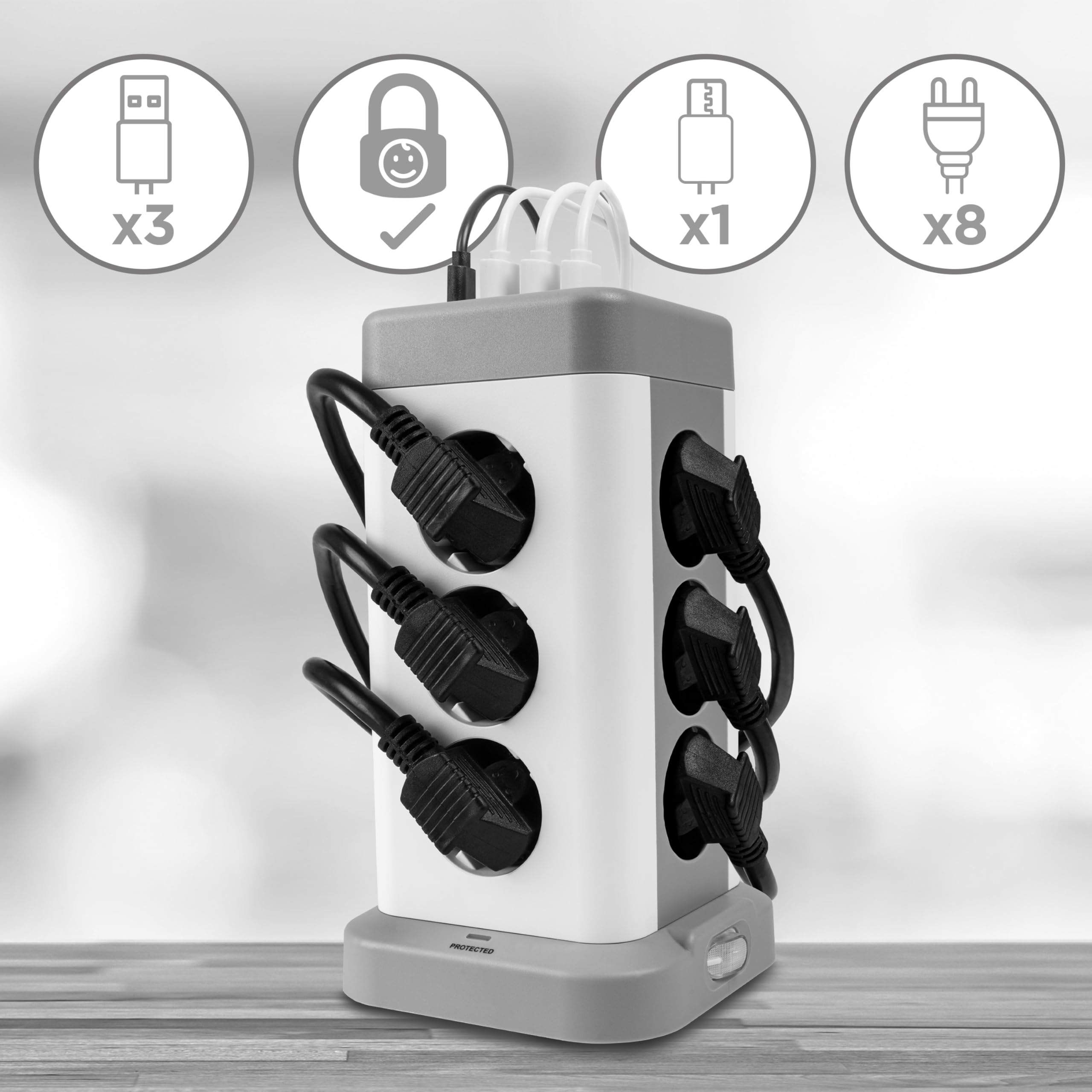 Duronic ET12C Multipresa Torre 3680W con 12 Prese Schuko + 4 USB-A + USB-C | Ciabatta Elettrica Verticale con Protezione Sovraccarico e Cavo 1.8m, Torre Multipresa USB Casa Ufficio Gaming TV